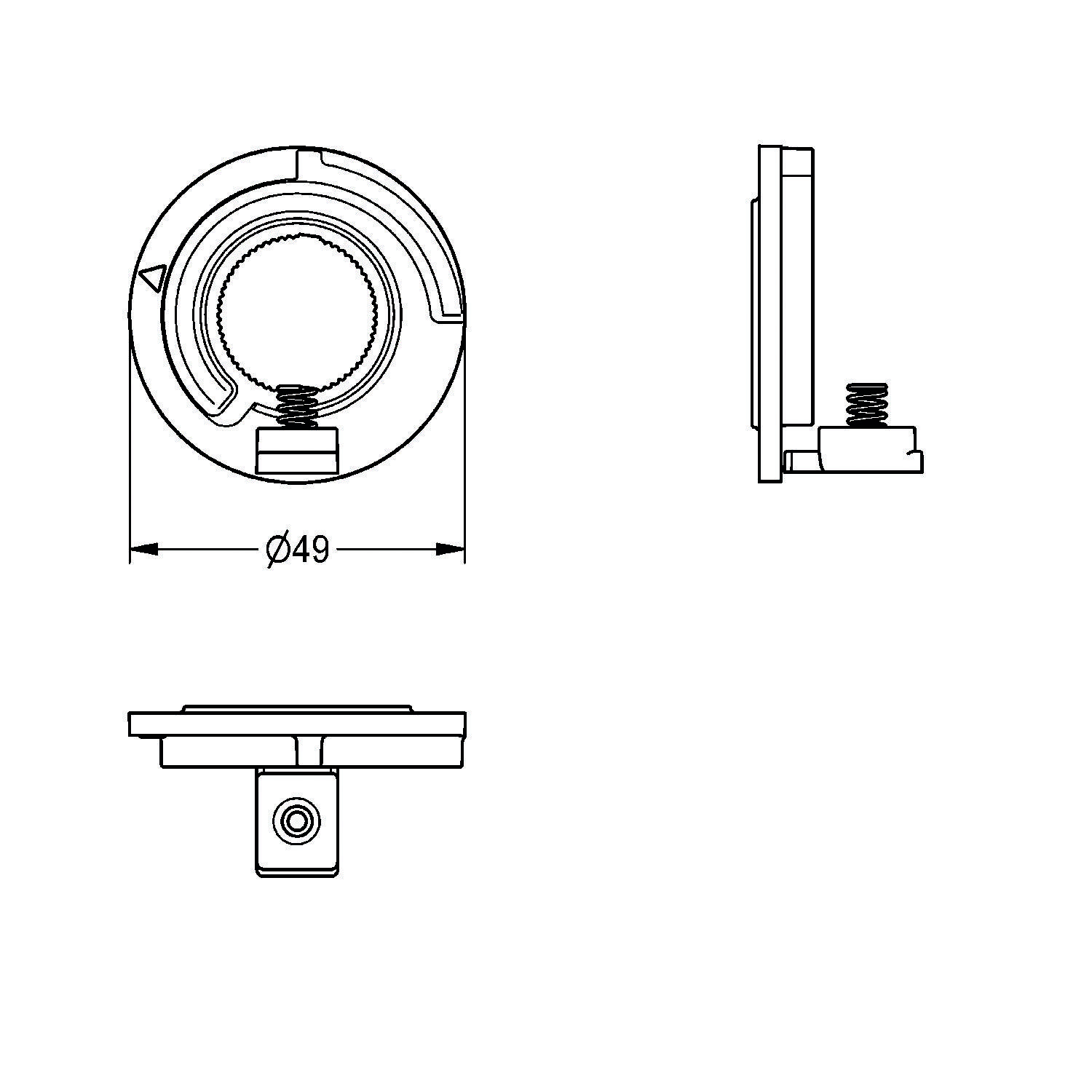 Technische Zeichnung eines kreisförmigen mechanischen Bauteils mit einem Durchmesser von 49 Einheiten, die Draufsicht, Seitenansicht und Bodenansicht mit einer Federkomponente zeigt.