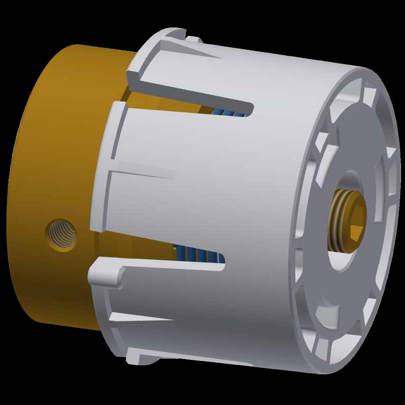3D-Darstellung einer metallischen zylindrischen Kupplung oder Wellenverbinder mit einer goldenen hinteren Nabe und einer weißen geschlitzten äußeren Hülse auf schwarzem Hintergrund.