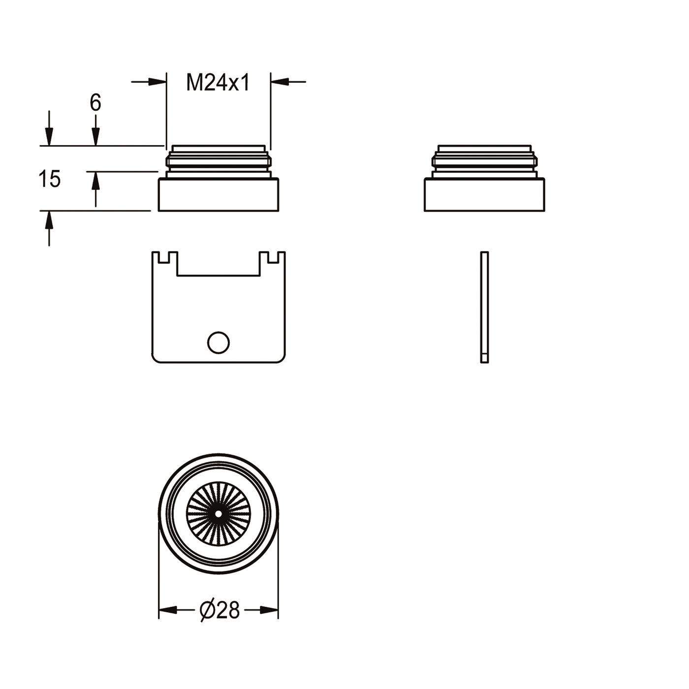 Technische Maßzeichnung eines kleinen zylindrischen Teils mit M24x1 Gewinde, 28 mm Durchmesser, 15 mm Höhe und Vorder-, Seiten- und Endansichten.