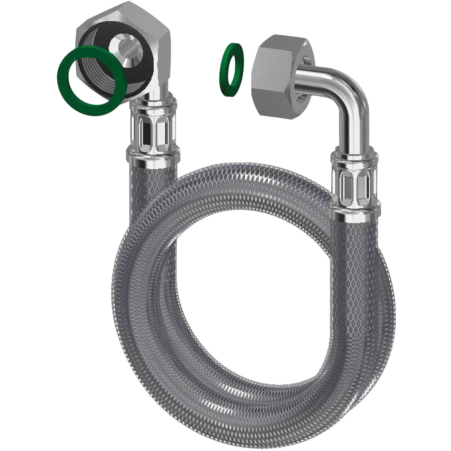 Transparenter geflochtener Schlauch mit Metallverbindern an beiden Enden, versehen mit zwei grünen Dichtungen, konzipiert für Sanitäranwendungen.