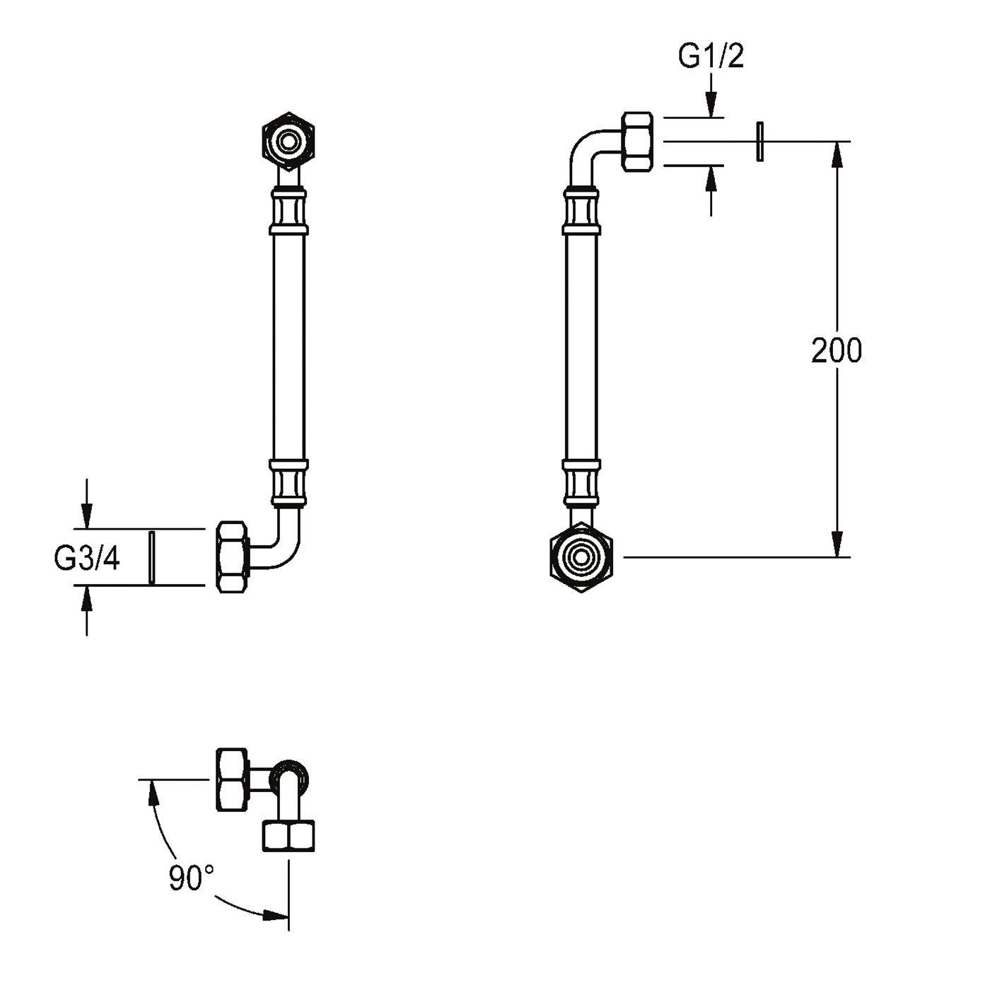 Technische Zeichnung einer L-förmigen Verbindungs-/Rohrbaugruppe mit G3/4 und G1/2 Gewindelenden, die eine Länge von 200 mm und ein 90°-Biegungsdetail zeigt.