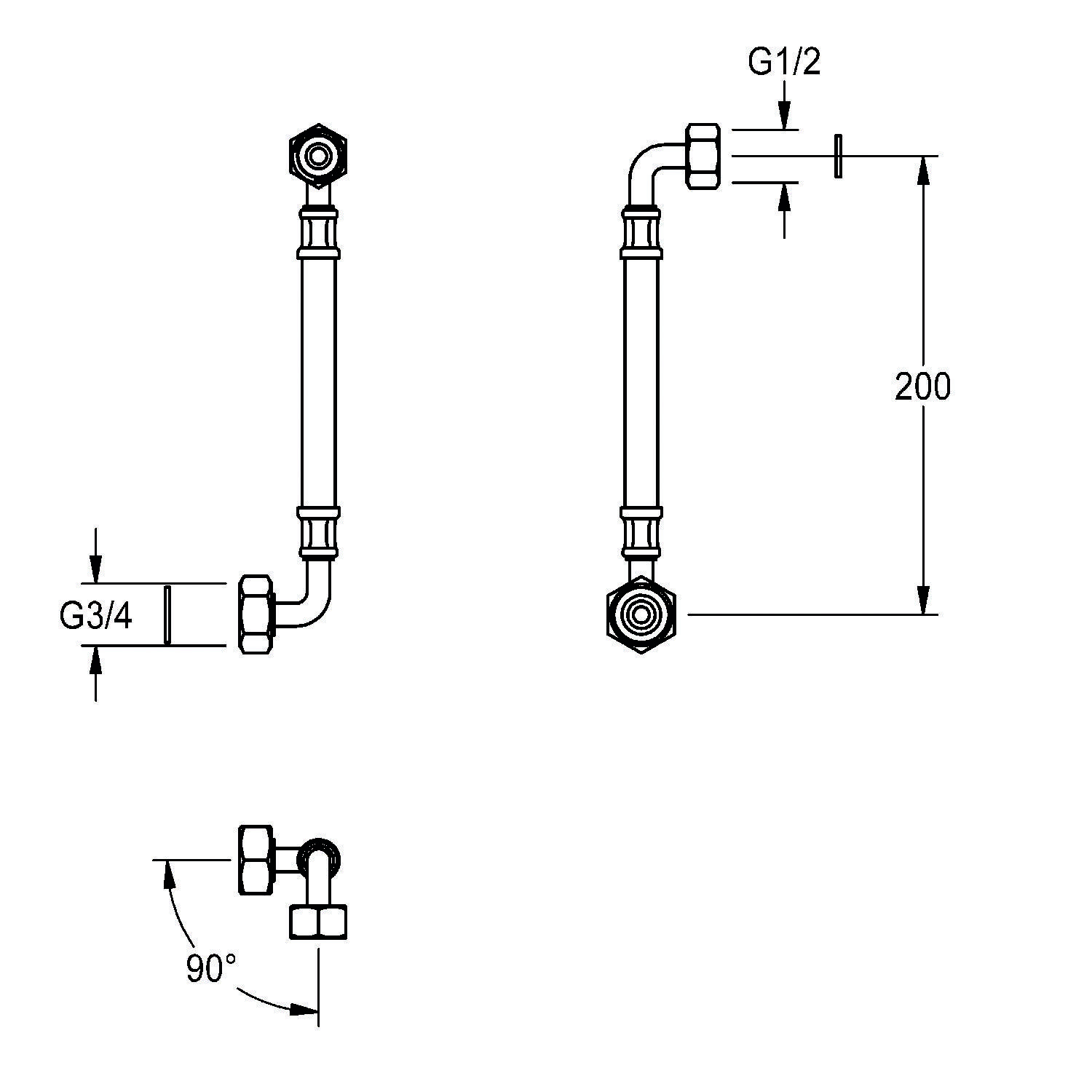 Rohrleitungsdiagramm mit zwei Rohrkonfigurationen, beide 200 mm lang. Linkes Ende mit G3/4-Anschluss, rechtes Ende mit G1/2-Anschluss.