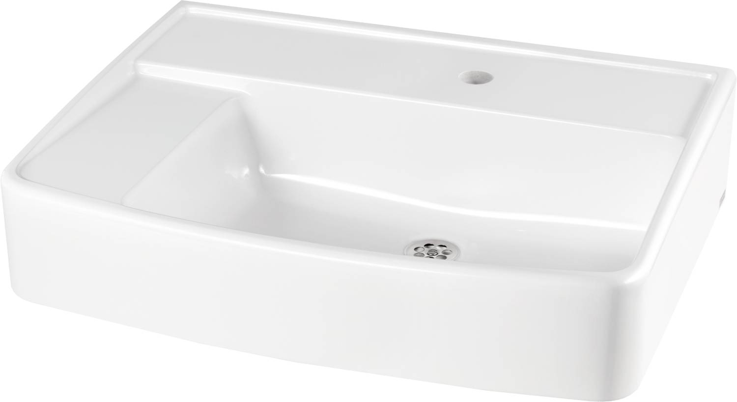 Ein weißes rechteckiges Waschbecken im Badezimmer mit einem Abfluss in der Mitte.