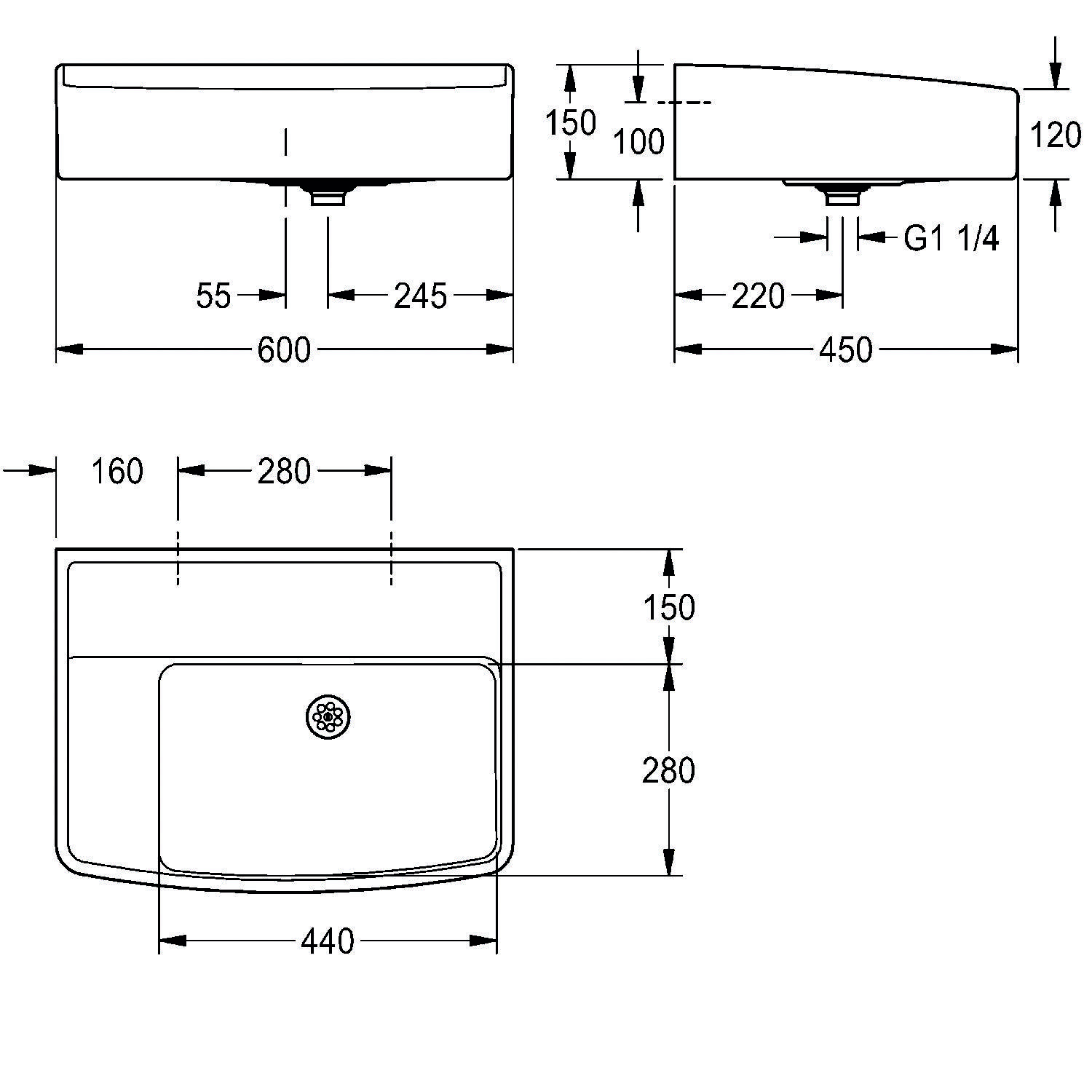 Eine technische Zeichnung eines rechteckigen Badezimmerwaschbeckens mit Abmessungen: Breite 450 mm, Tiefe 340 mm und Höhe 120 mm. Durchmesser der Ablauföffnung 45 mm.