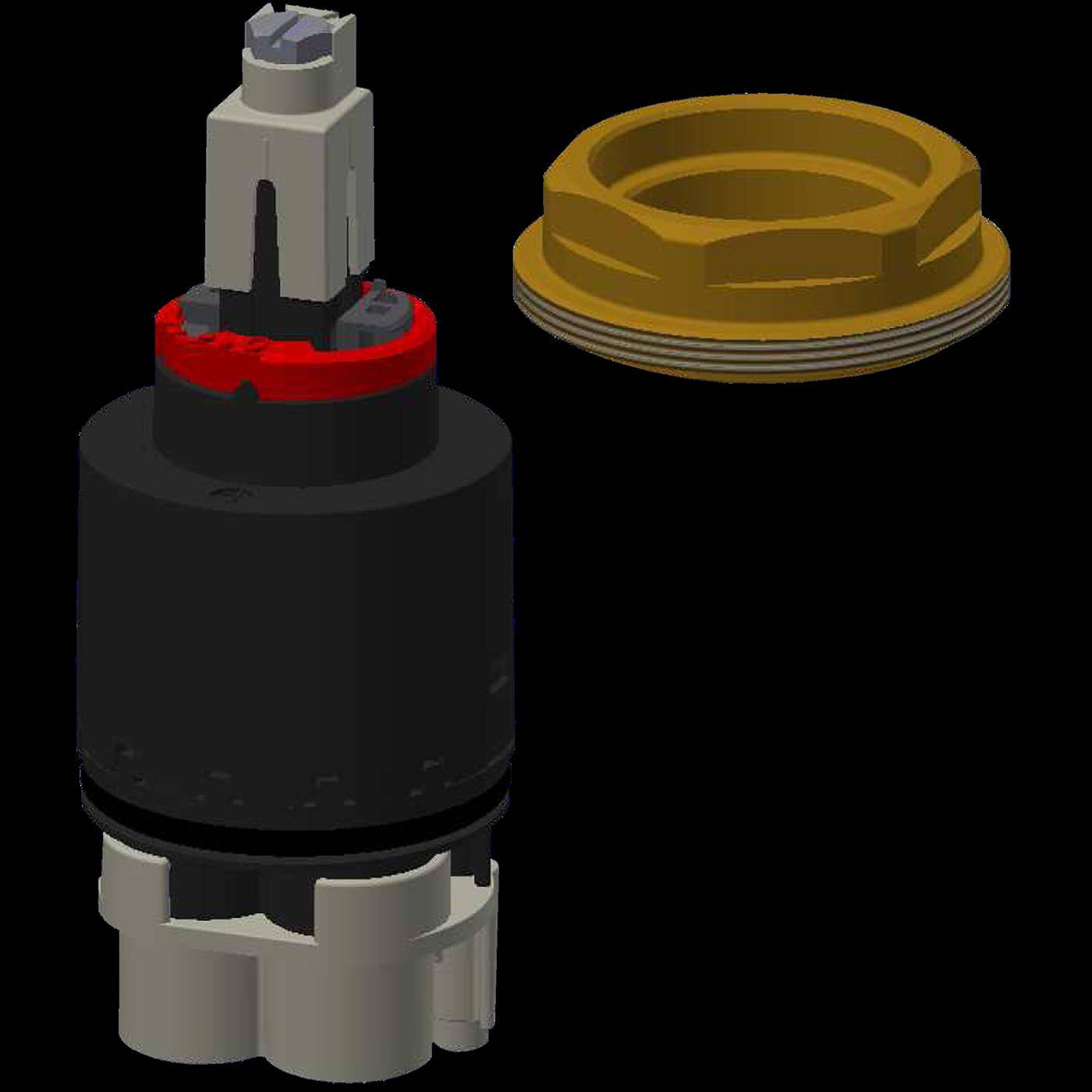 3D-Rendering einer zylindrischen mechanischen Kartusche oder eines Ventilaufbaus neben einer goldenen Gewindekappen, dargestellt auf schwarzem Hintergrund.