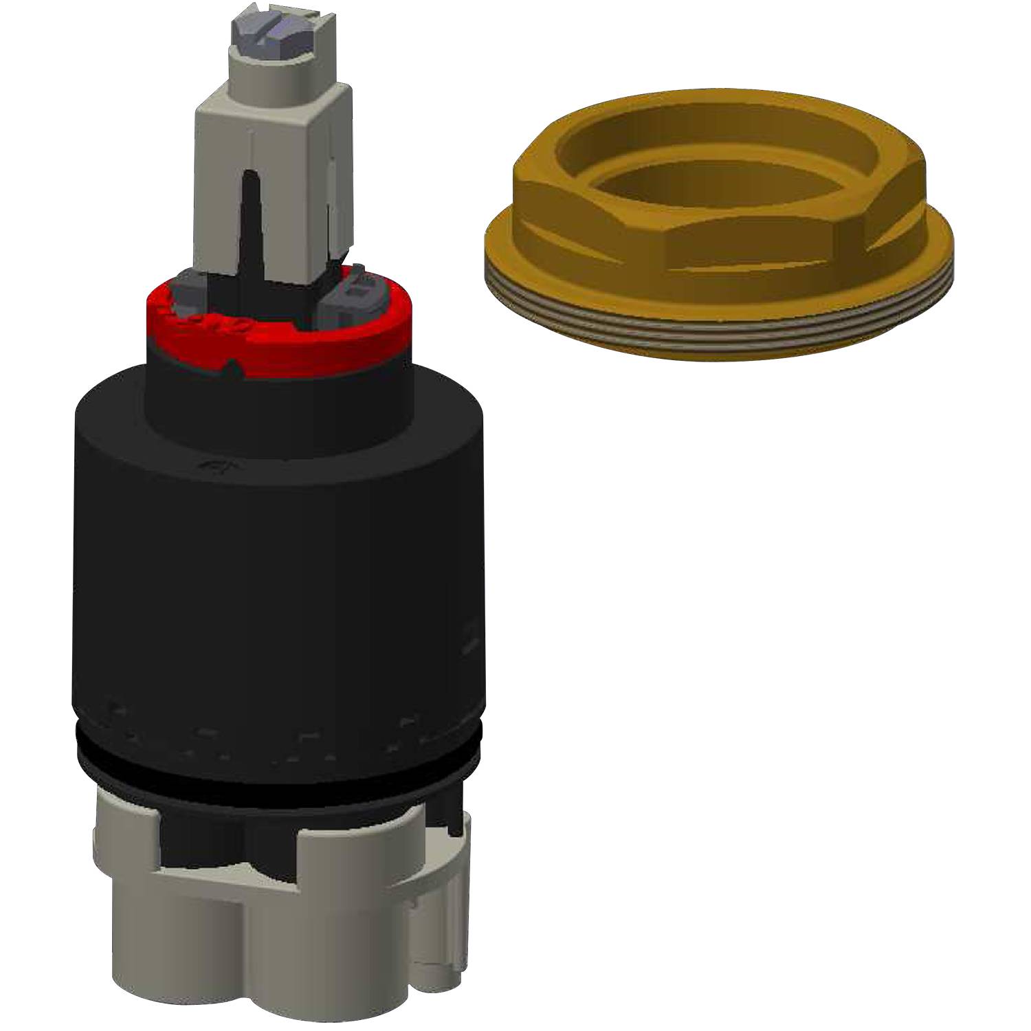 Eine 3D-Darstellung einer mechanischen Ventilkomponente mit einem schwarzen Gehäuse, rotem Kern und grauen Anschlüssen, neben einem separaten Messingring.