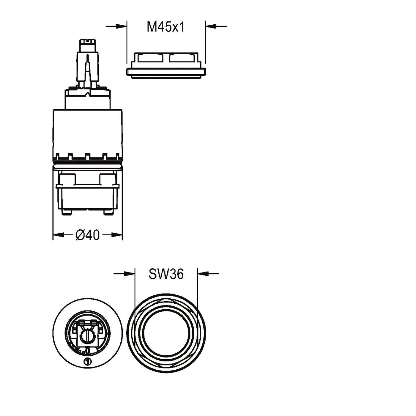 Technische Maßzeichnung einer zylindrischen Gewindebohrung mit der Bezeichnung M45x1, Ø40 und SW36, mit Vorder- und Draufsicht sowie Maßpfeilen.