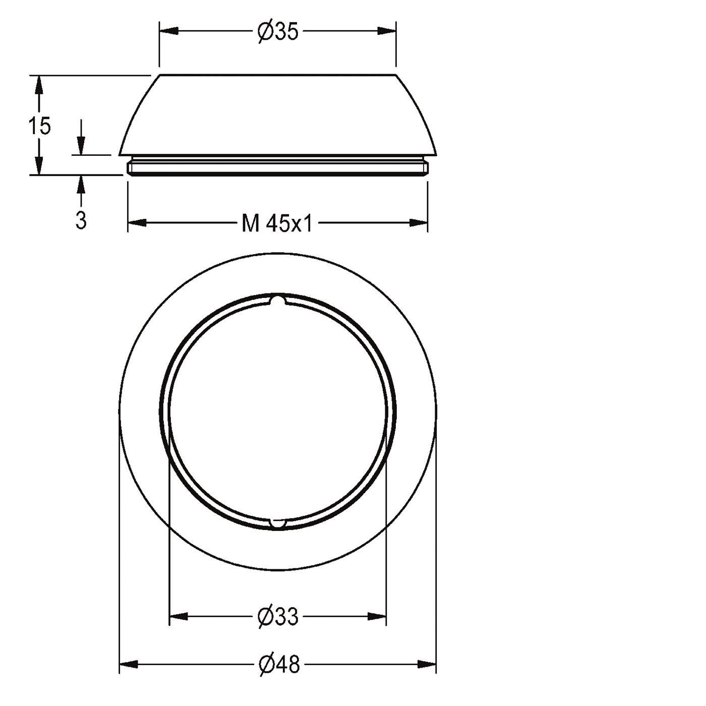 Technische Maßzeichnung einer runden Kappe oder eines Stöpsels mit Draufsicht und Vorderansicht mit Maßen Ø35, M45x1, 15, 3, Ø33 und Ø48.