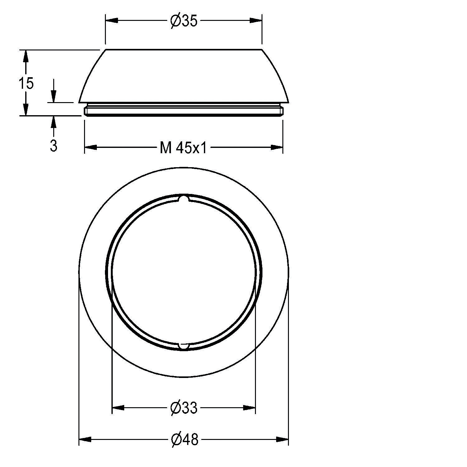 Technische Zeichnung eines kreisförmigen Bauteils mit Abmessungen: Durchmesser 35 mm, Höhe 15 mm, und Innendurchmesser 33 mm. Gewindegröße M45x1.