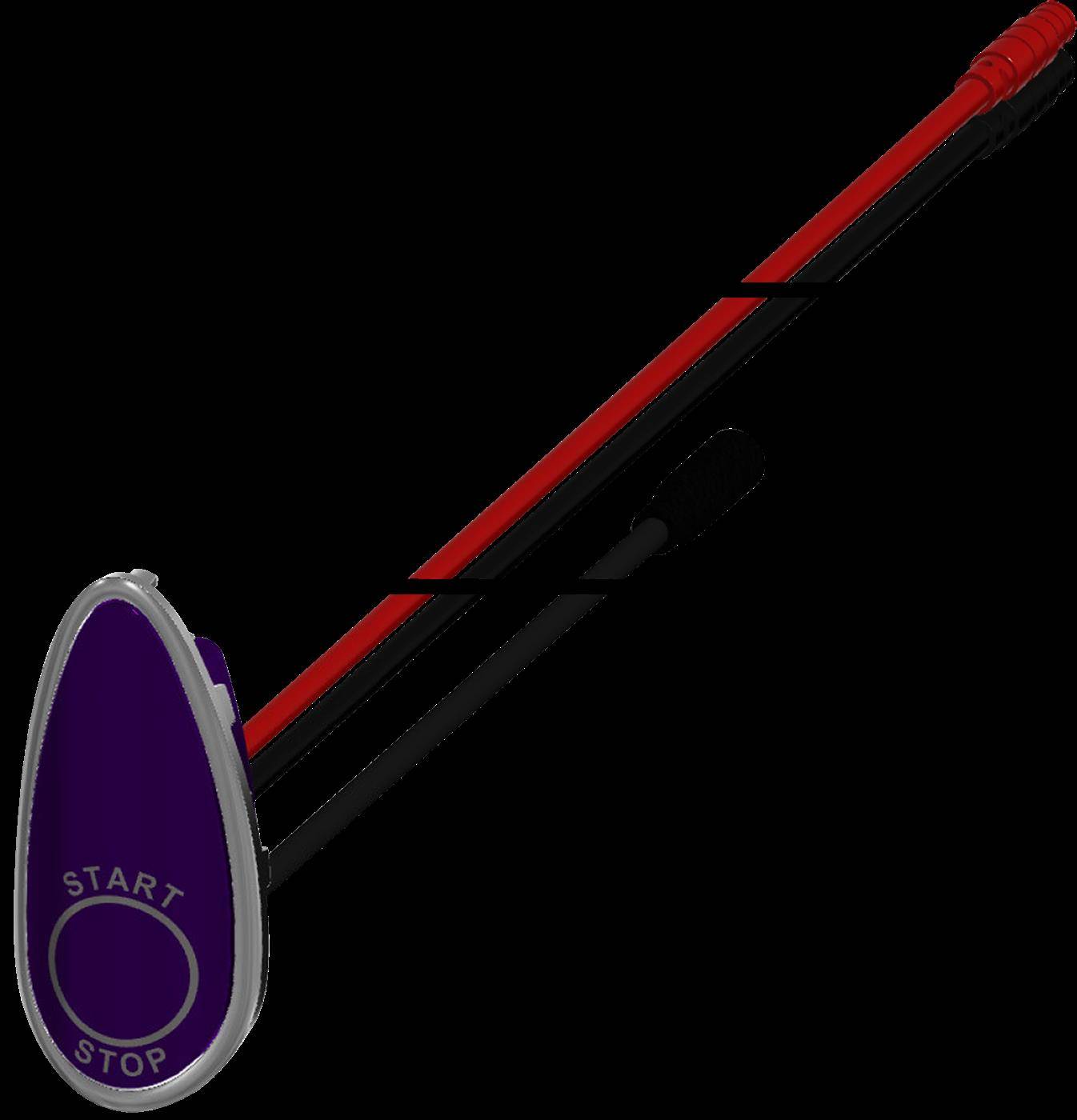 Violette ovale Start-Stopp-Taste mit roter und schwarzer verbundener Stange oder Antenne auf schwarzem Hintergrund.