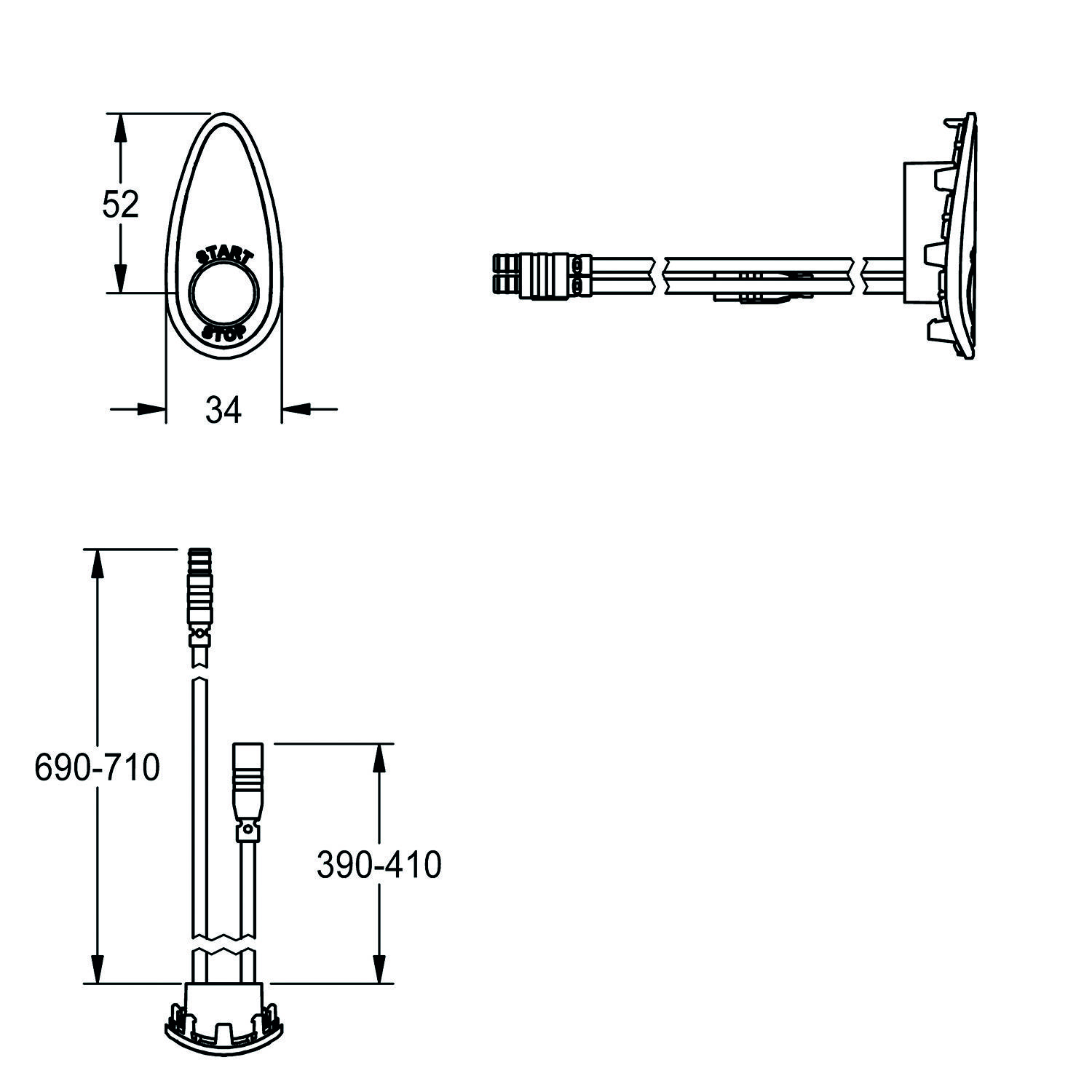Technische Zeichnung einer Duschbrause mit Abmessungen: Höhe 690-710 mm, Armlänge 390-410 mm, Düsendurchmesser 34 mm.
