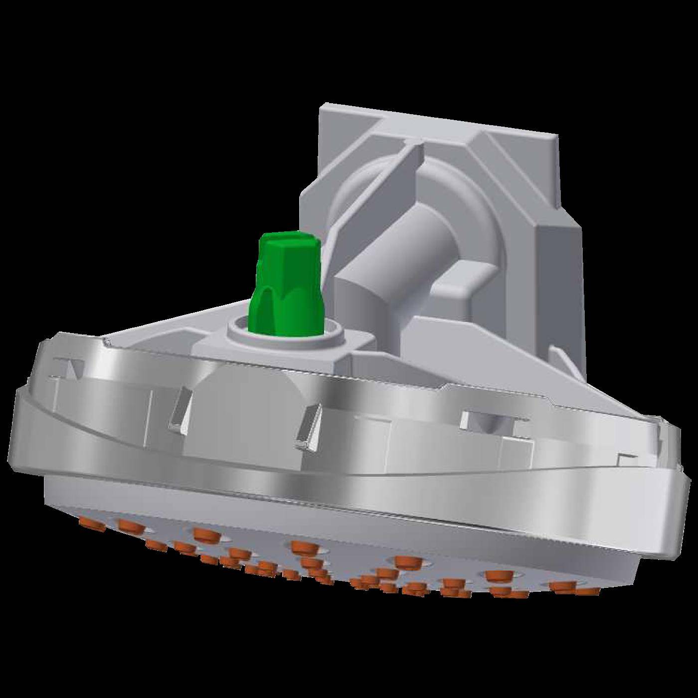 3D-Darstellung einer kreisförmigen metallischen mechanischen Komponente mit einem grünen zentralen Anschluss und orange gefärbten Unterseitekontakten auf schwarzem Hintergrund.
