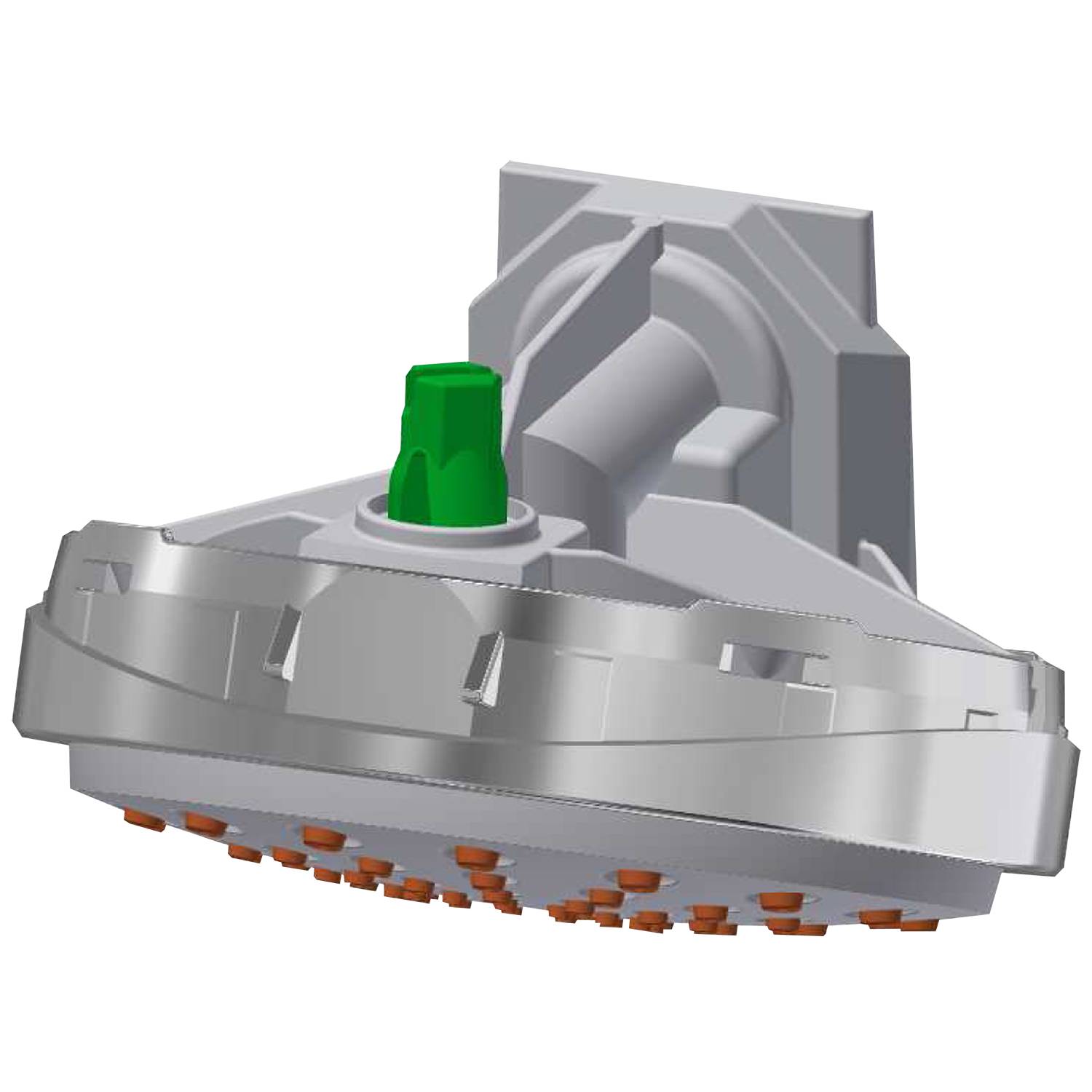 Silbernes mechanisches Bauteil mit einem grünen Ventil oben, versehen mit mehreren Schrauben darunter, vor einem schwarzen Hintergrund.