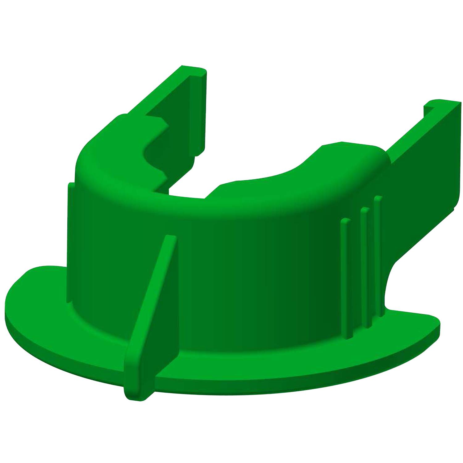 Ein grüner, U-förmiger Plastikclip mit Rillen, wahrscheinlich ein Werkzeug oder Teil zum Halten oder Sichern von Gegenständen, vor einem schwarzen Hintergrund betrachtet.