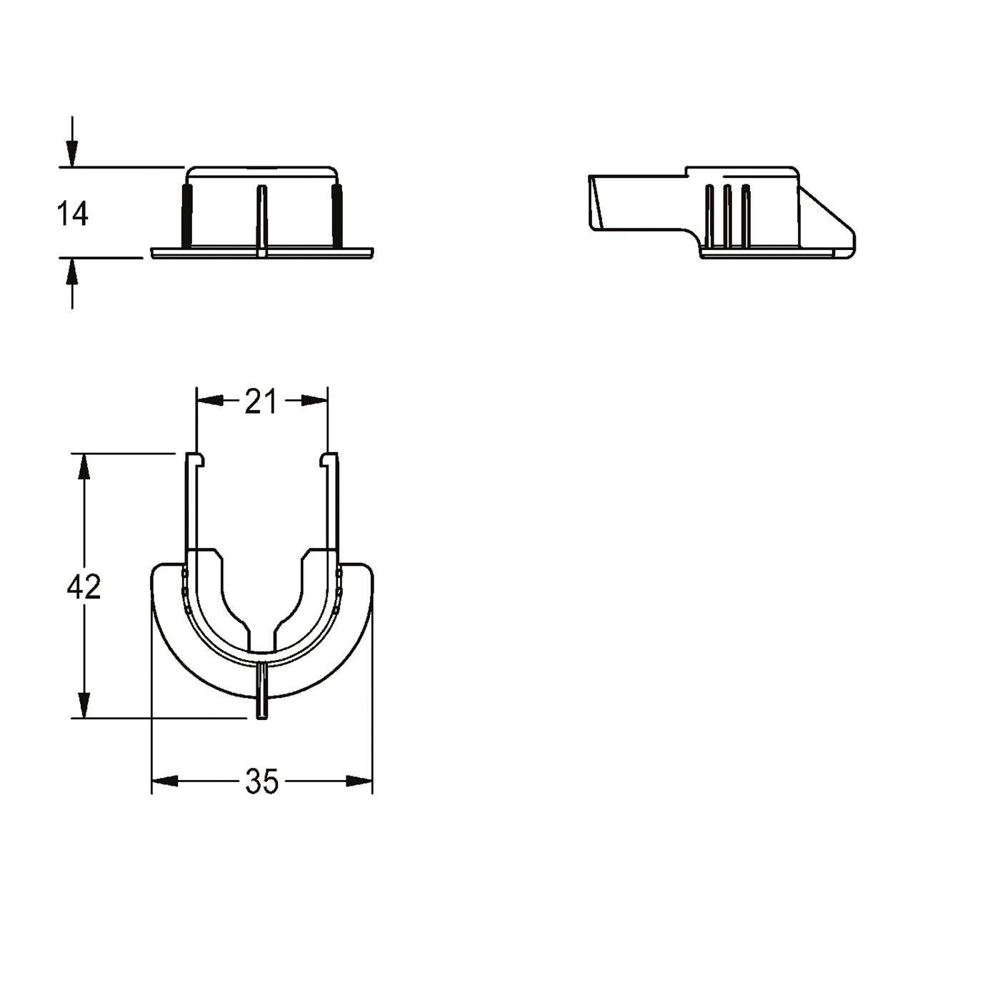 Technische Zeichnung eines U-förmigen Clips oder Halters mit den Abmessungen 14, 21, 35 und 42, dargestellt in Front-, Seiten- und Draufsicht.