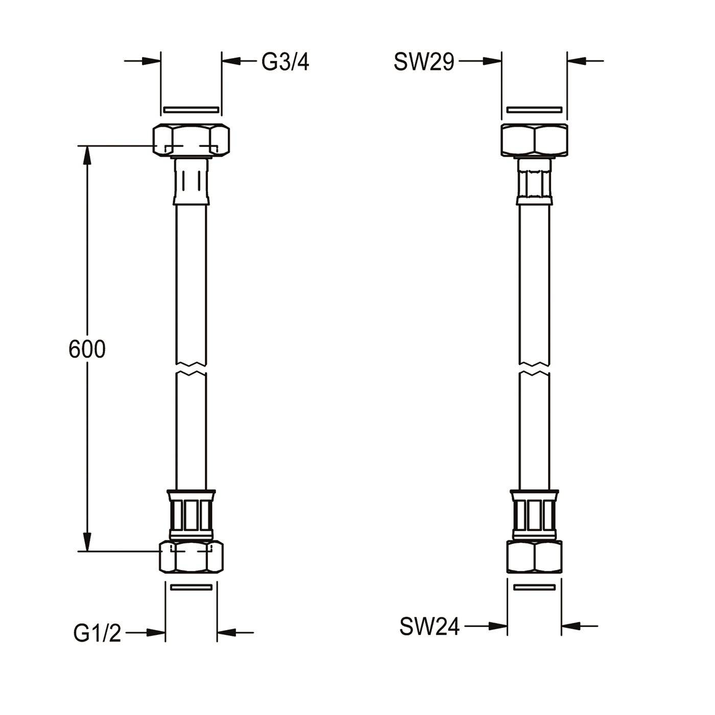 Technische Zeichnung einer flexiblen Schlauchanordnung mit Verbindungen, die eine Länge von 600 mm, G3/4-Anschluss oben und G1/2-Anschluss unten sowie Schraubenschlüsselgrößen SW29 und SW24 zeigt.