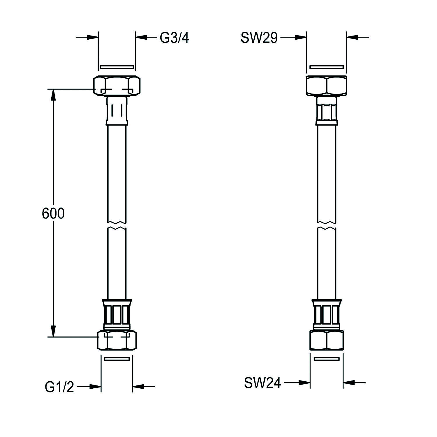 Diagramm zweier Rohrkonstruktionen, jeweils 600 mm lang. Linkes Rohr hat G3/4- und G1/2-Anschlüsse. Rechtes Rohr hat SW29- und SW24-Anschlüsse.