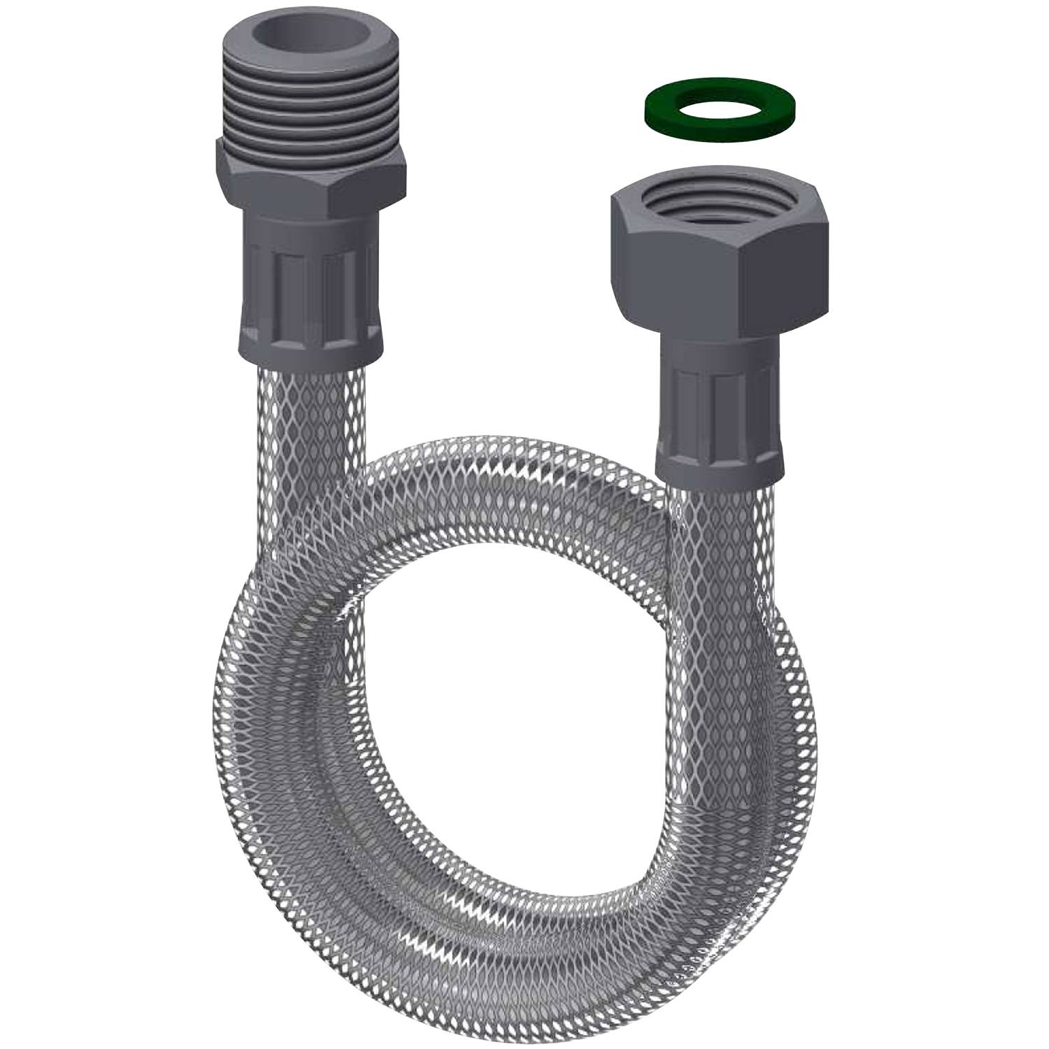 Ein gewickelter Metallschlauch mit Gewindeanschlüssen an beiden Enden und einer grünen Dichtung, wahrscheinlich für die Sanitärinstallation oder Wasseranschlüsse verwendet.