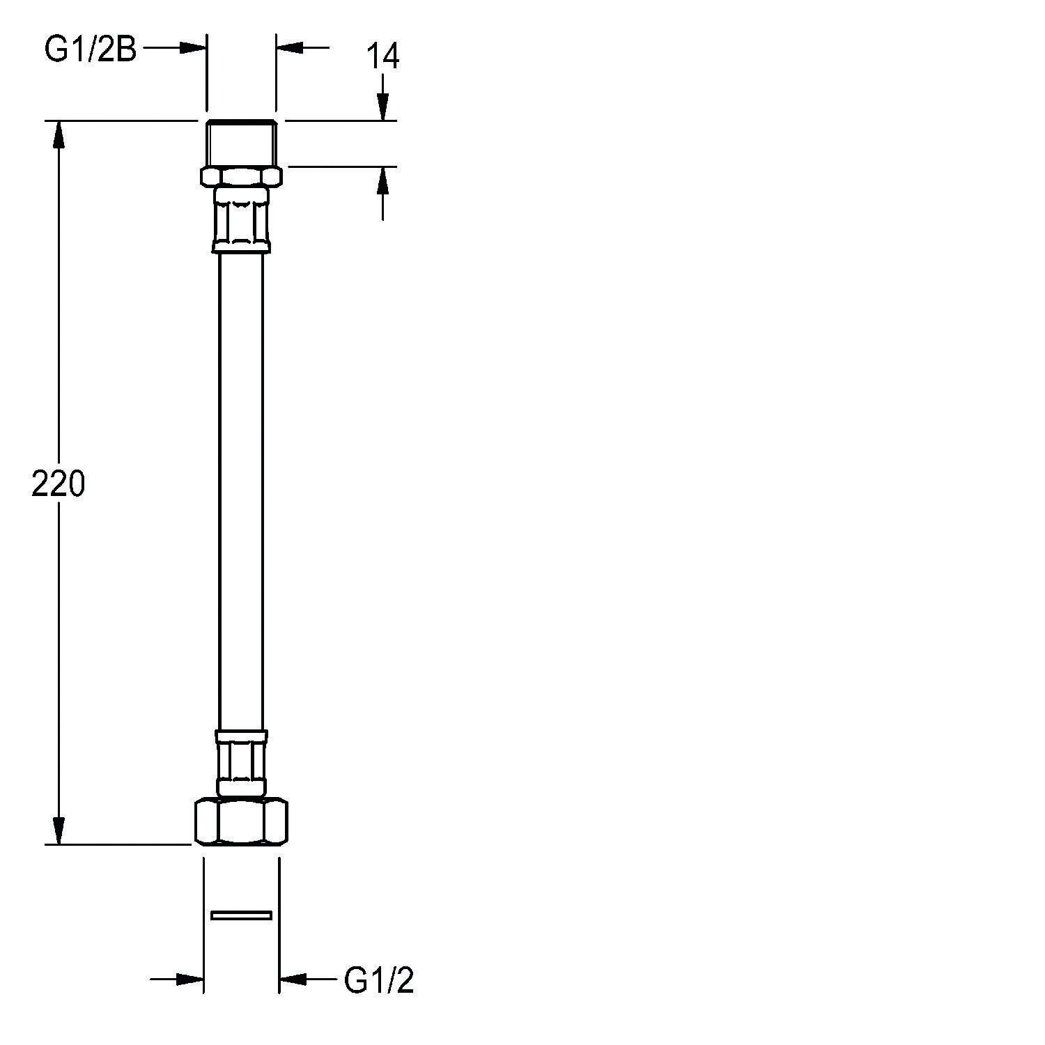 Technische Zeichnung eines Rohrverbinders mit Maßangaben. Gesamtlänge: 220 mm, Durchmesser: G1/2B und Gewindeenden G1/2.