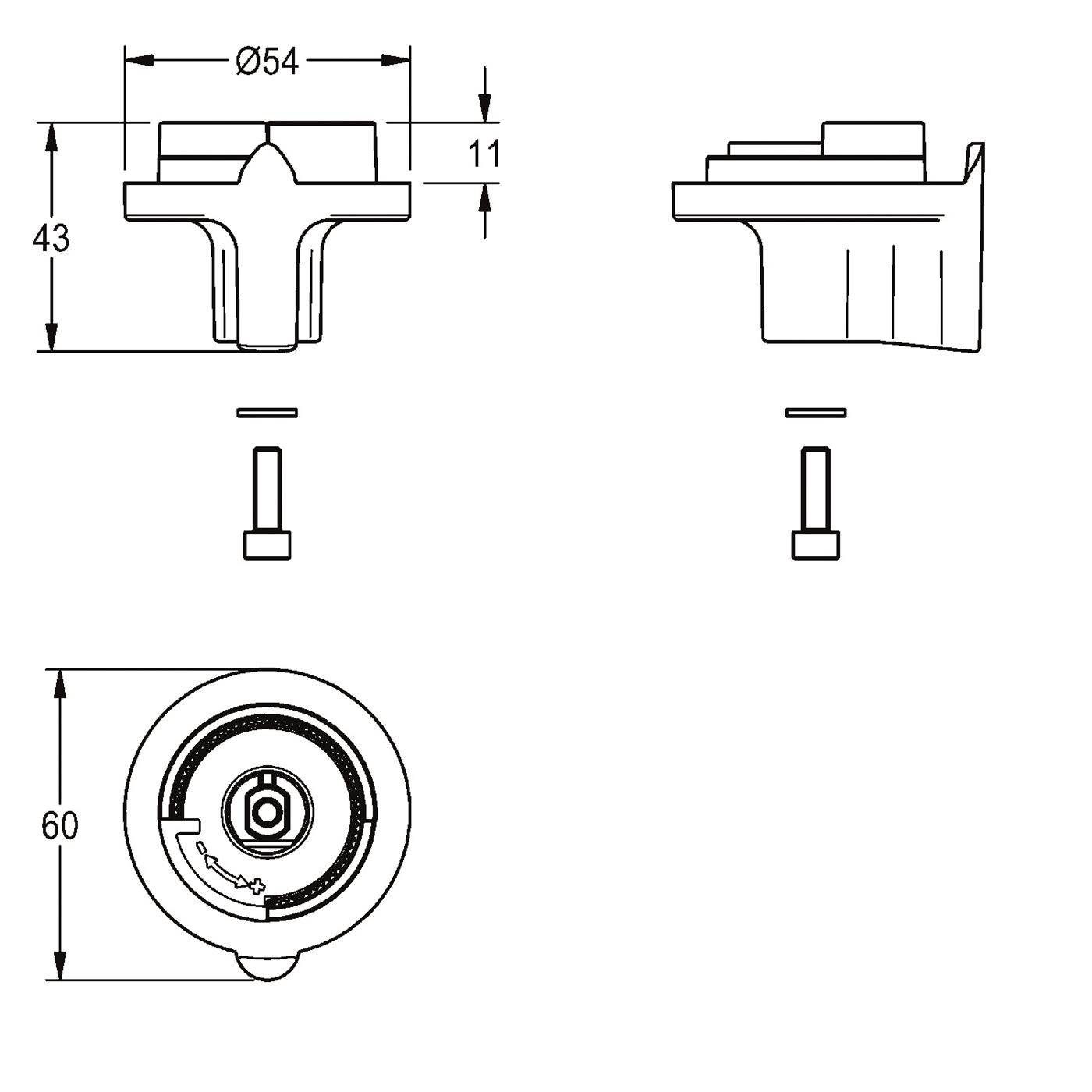 Technische Strichzeichnung eines kreisförmigen Knopfs oder einer Verschraubung mit Vorder-, Seiten- und Draufsicht, mit beschrifteten Abmessungen Ø54, 43, 11 und 60 mm.