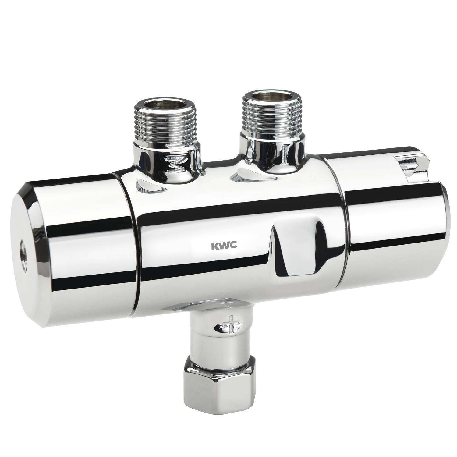 Ein glänzendes, verchromtes thermostatisches Duschventil mit eingravierter Aufschrift 'KWC', das zwei Anschlusspunkte oben und einen am unteren Ende aufweist.