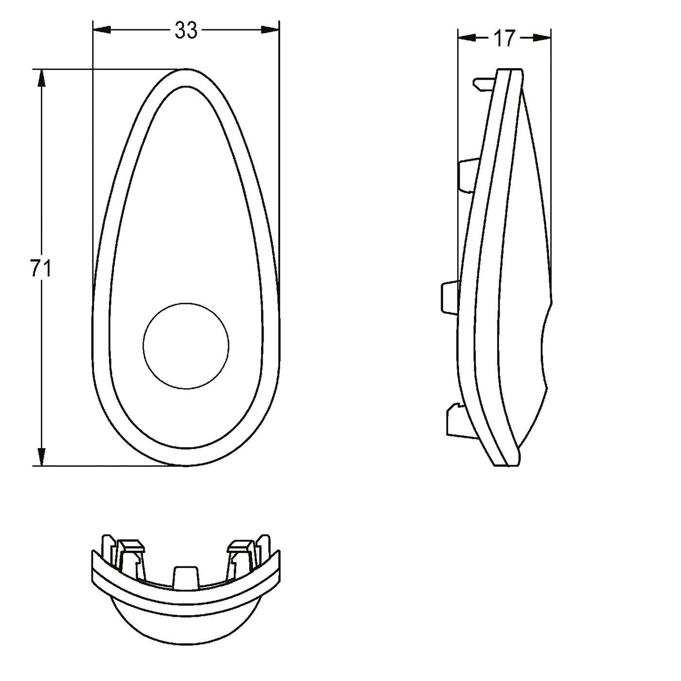Technische Zeichnung eines tropfenförmigen Teils mit den Abmessungen 71 x 33 x 17, dargestellt in Vorder-, Seiten- und Bodenansicht.