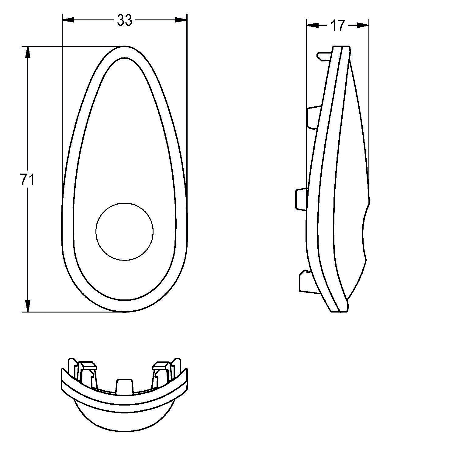Technische Zeichnung eines ovalen Objekts mit Maßangaben: 71 mm Höhe, 33 mm Breite, 17 mm Tiefe, mit Seiten- und Frontansicht.