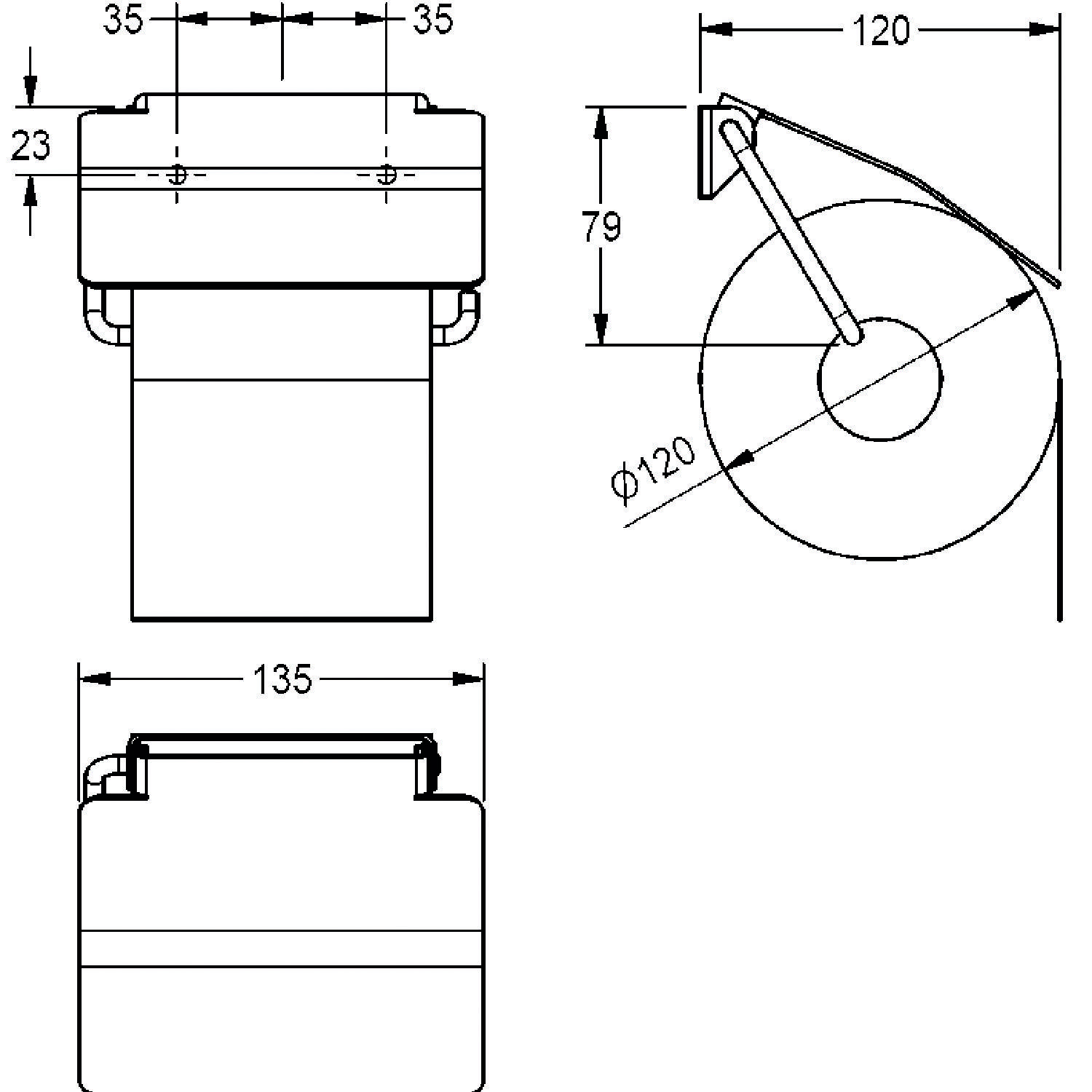 Technische Zeichnung eines montierten Papierhandtuchspenders mit Abmessungen: 23 mm Tiefe, 35 mm Breite, 120 mm Rollenduchmesser.