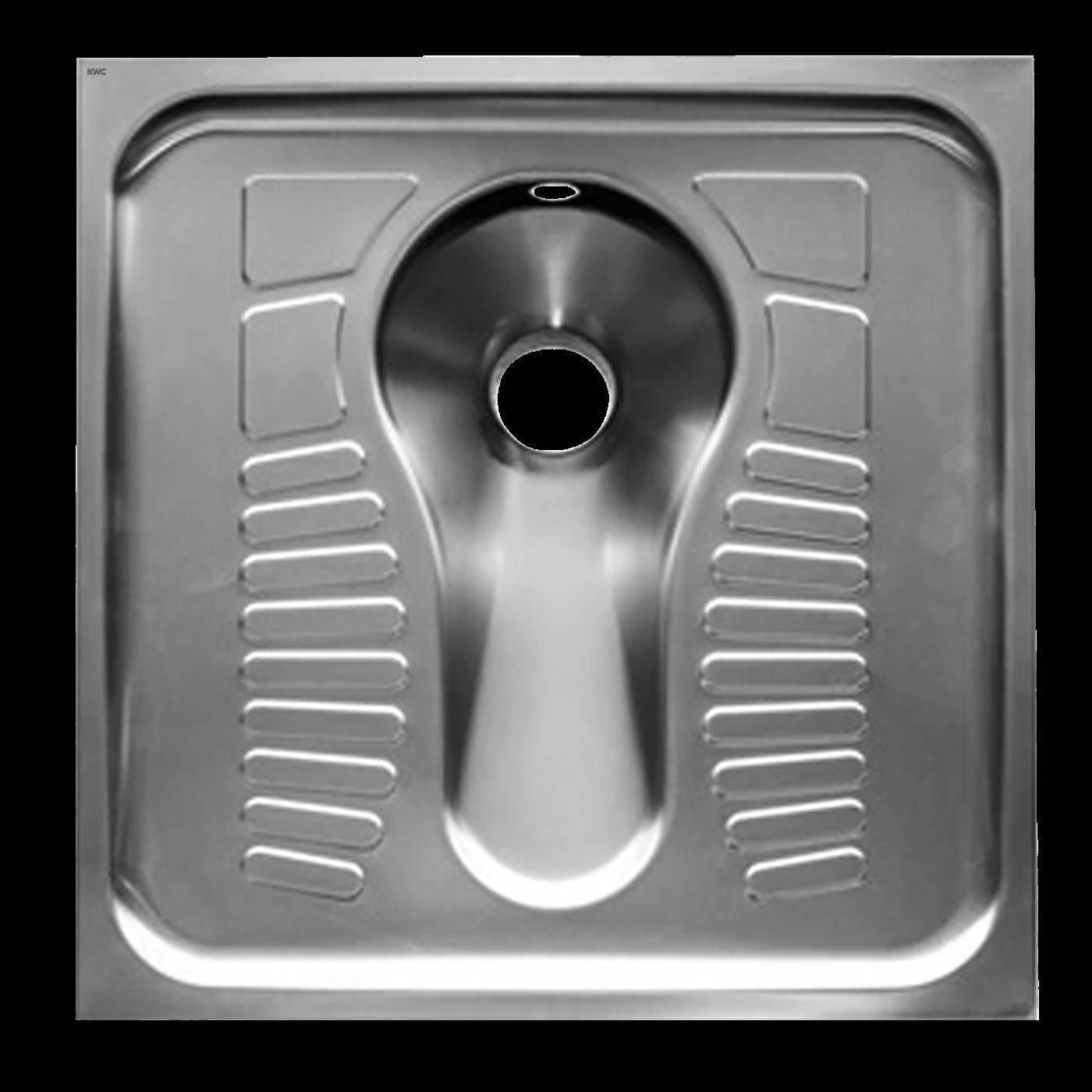 Edelstahl-Hocktoilettenschüssel mit Draufsicht, zentralem Ablaufloch und Fußrasten auf beiden Seiten.