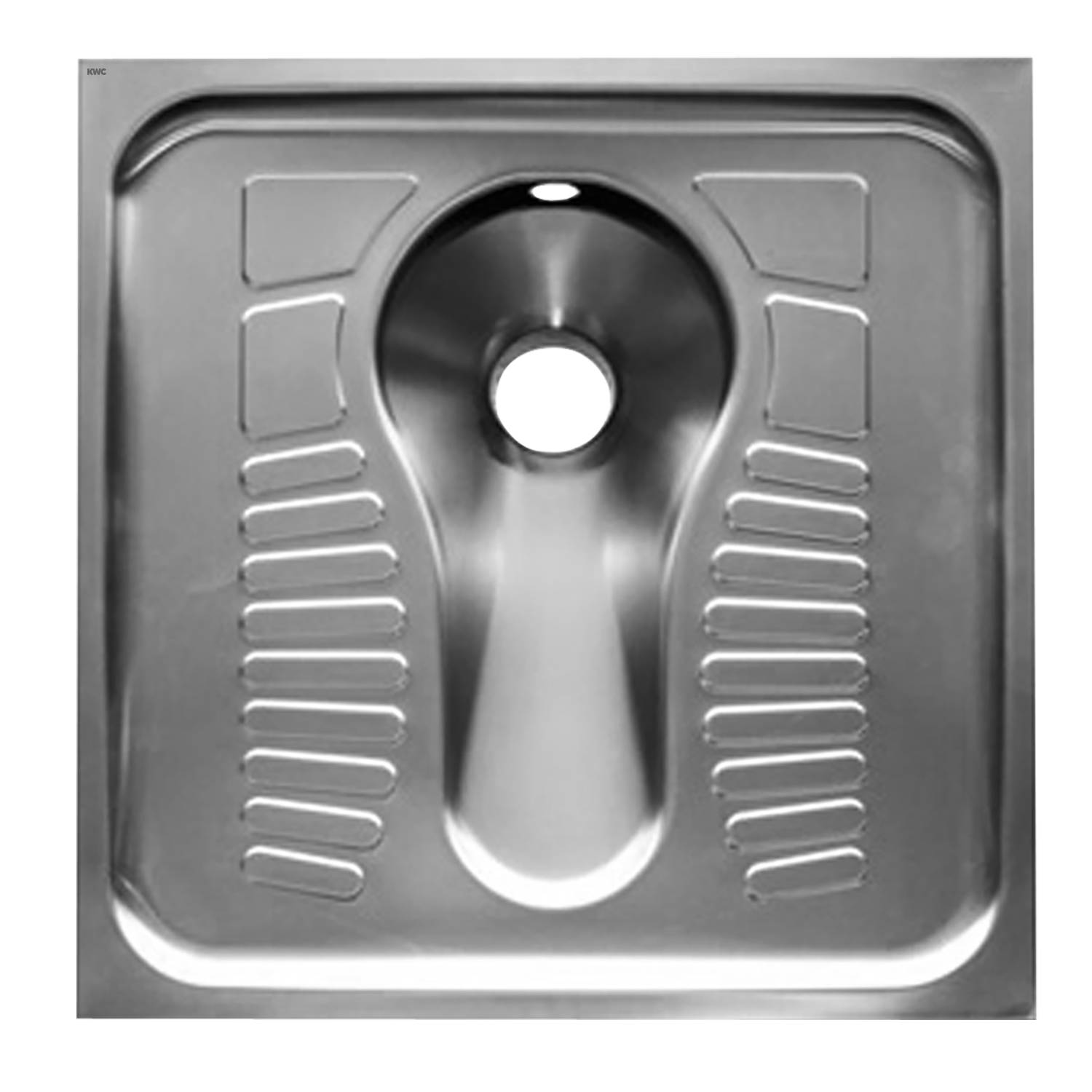 Eine Edelstahl-Hocktoilette mit gemusterten Rillen und einem zentralen Ablauf.