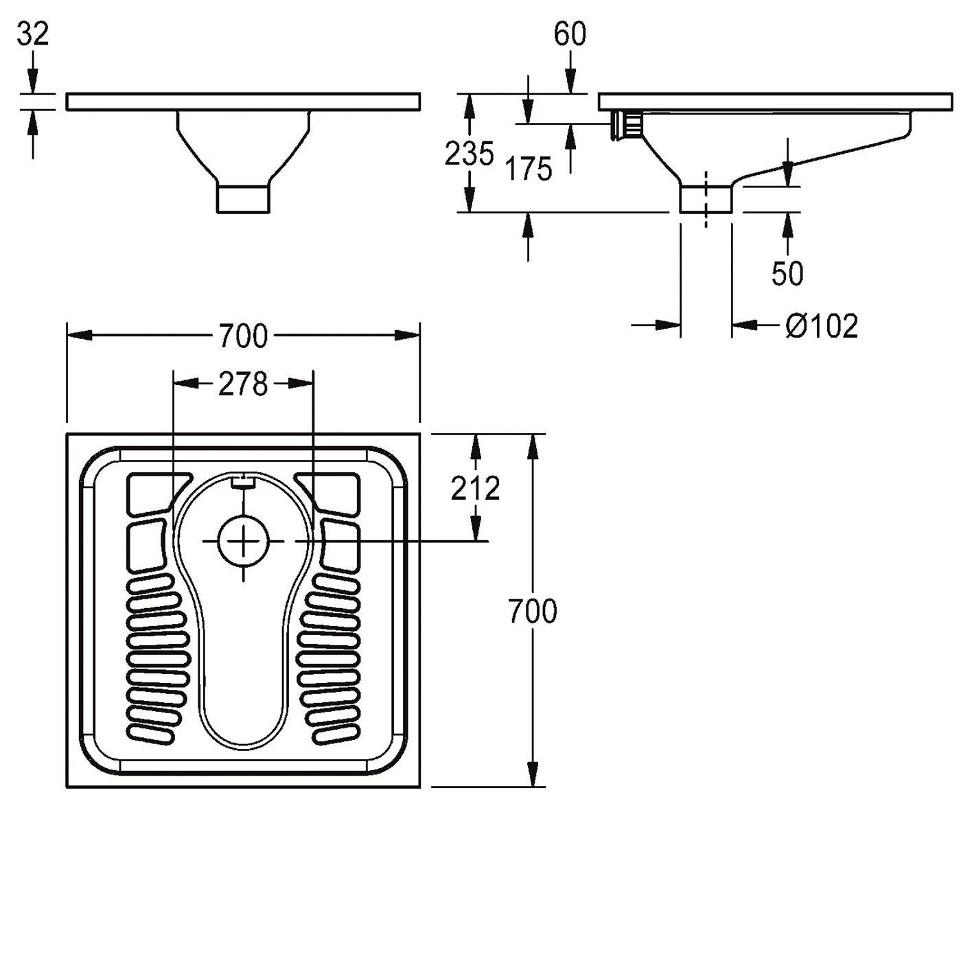 Technische Zeichnung eines quadratischen Spülbeckens oder Beckens mit Draufsicht und Seitenansicht mit Abmessungen: 700 mm breit, 700 mm tief, 235 mm hoch und Ablaufdurchmesser ø102 mm.