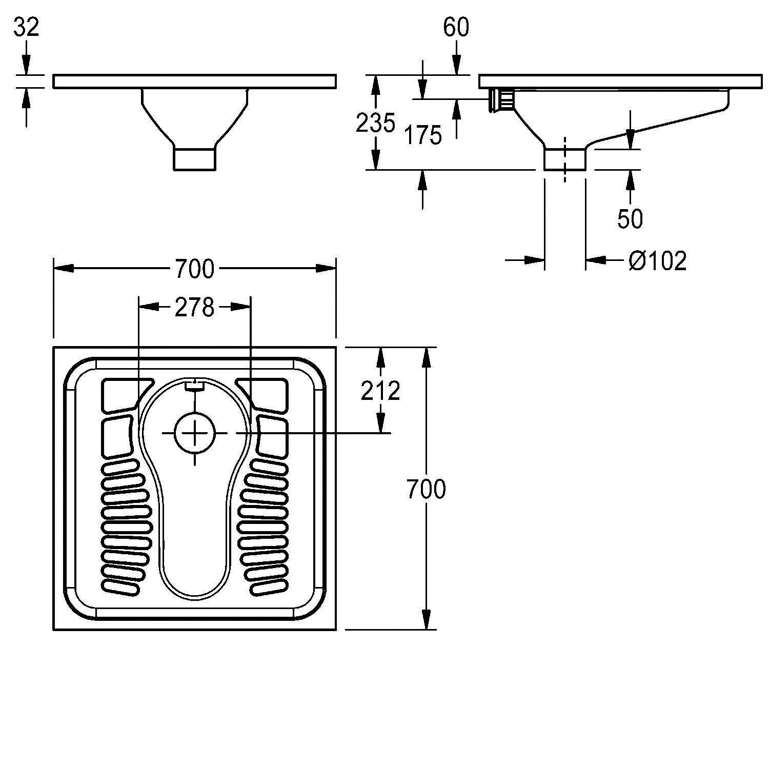 Bodenständige Hocktoilette technische Zeichnung mit Maßen: 700x700 mm. Enthält Seitenansicht mit Abflussrohr-Konfiguration.