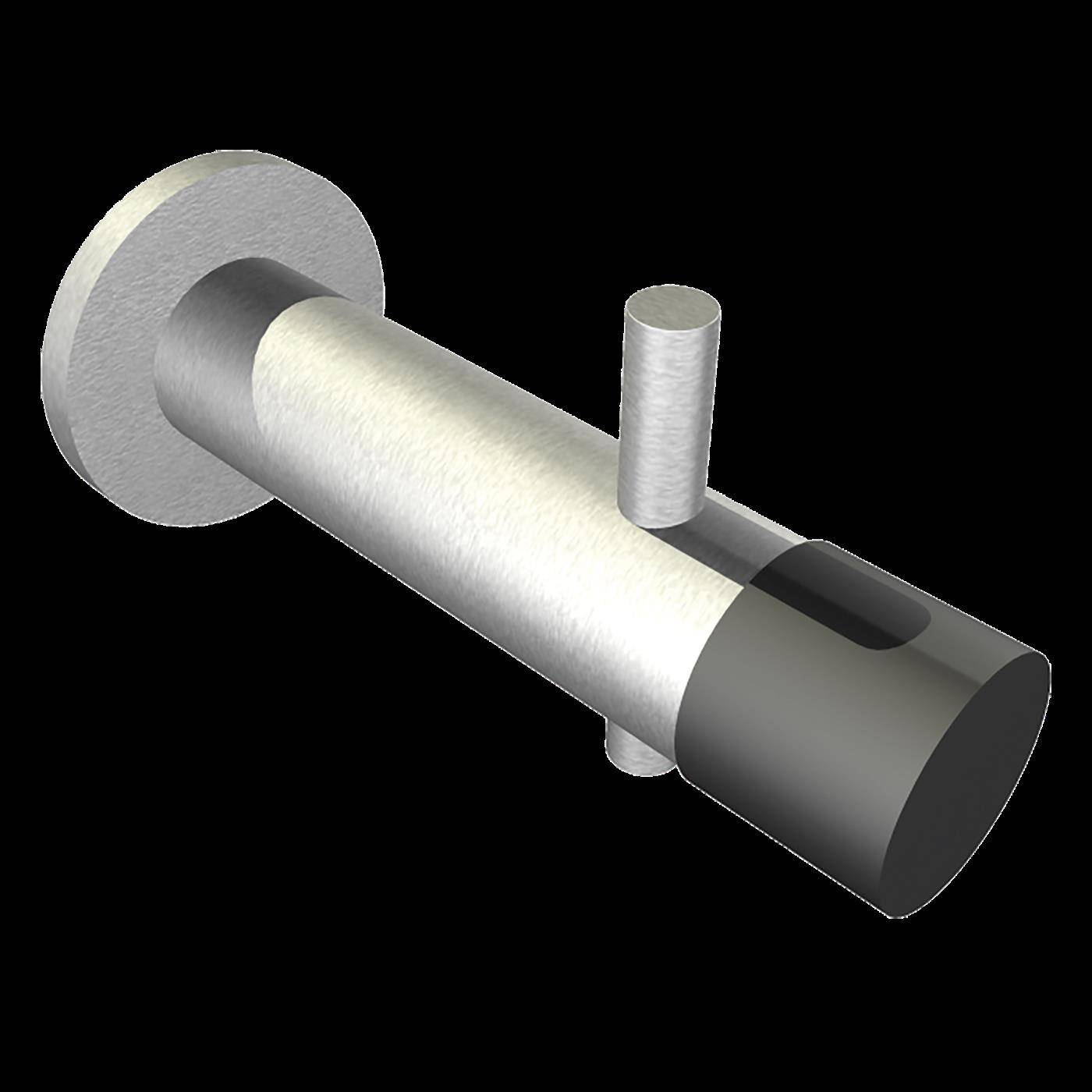 3D-Rendering einer zylindrischen Rohrbaugruppe mit einem großen Flansch an einem Ende, einem Seitenzweig in der Nähe der Mitte und einem dunkel verschlossenen Ende.