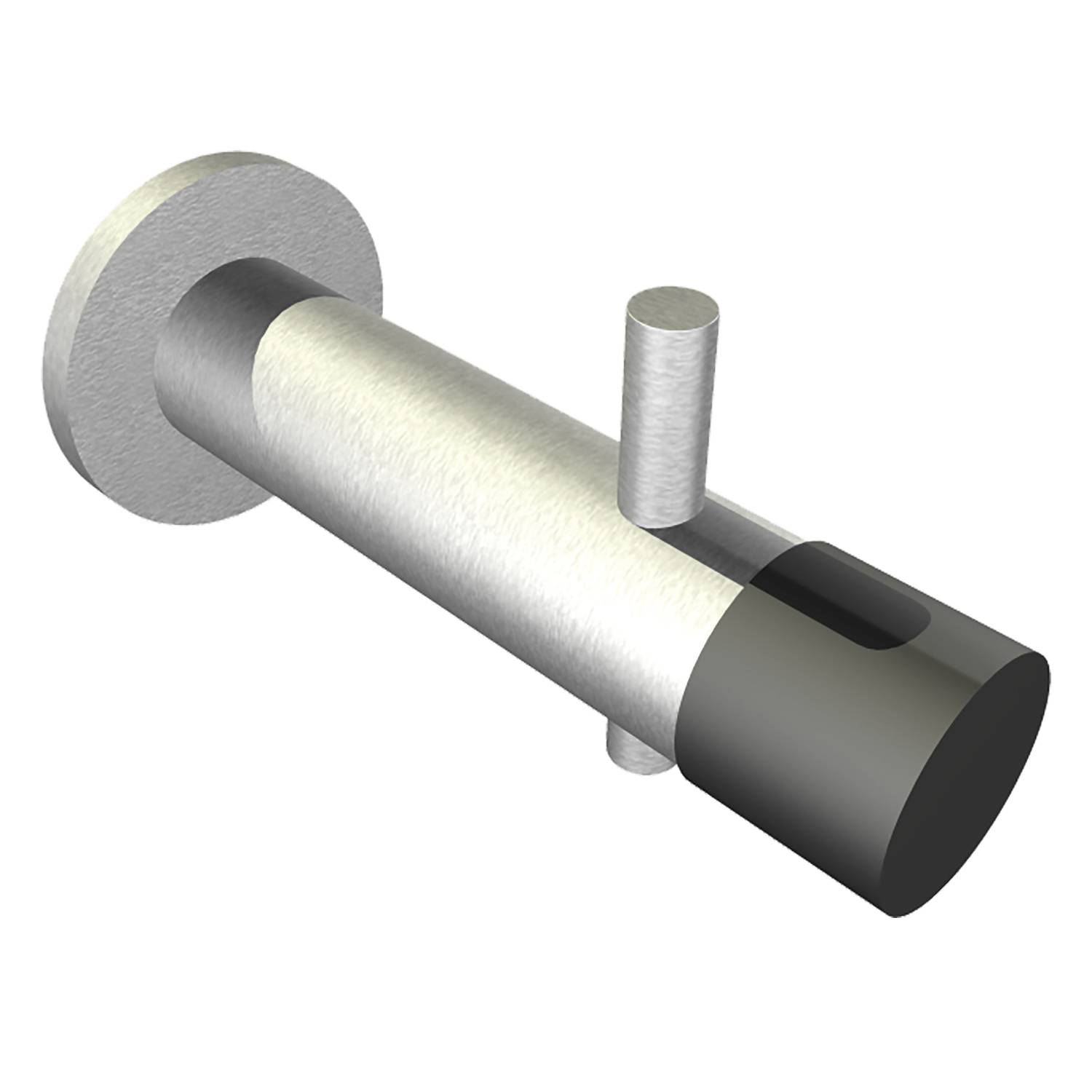Schlanker metallischer Wandhaken mit einer zylindrischen Gestalt und abgerundeten Kanten, montiert auf einer kreisförmigen Basis vor einem schwarzen Hintergrund.
