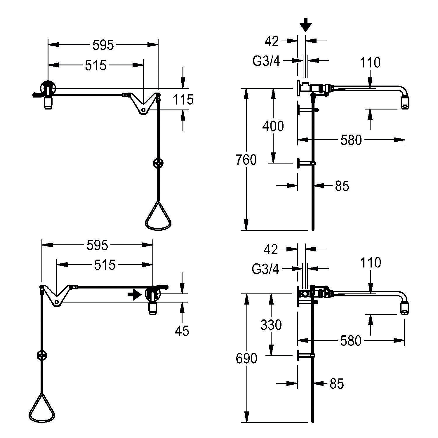 Diagramm mit drei Konfigurationen eines wandmontiertes Klapparmgelenks, jeweils mit Messungen in Millimetern für Längen- und Höhenverstellung.