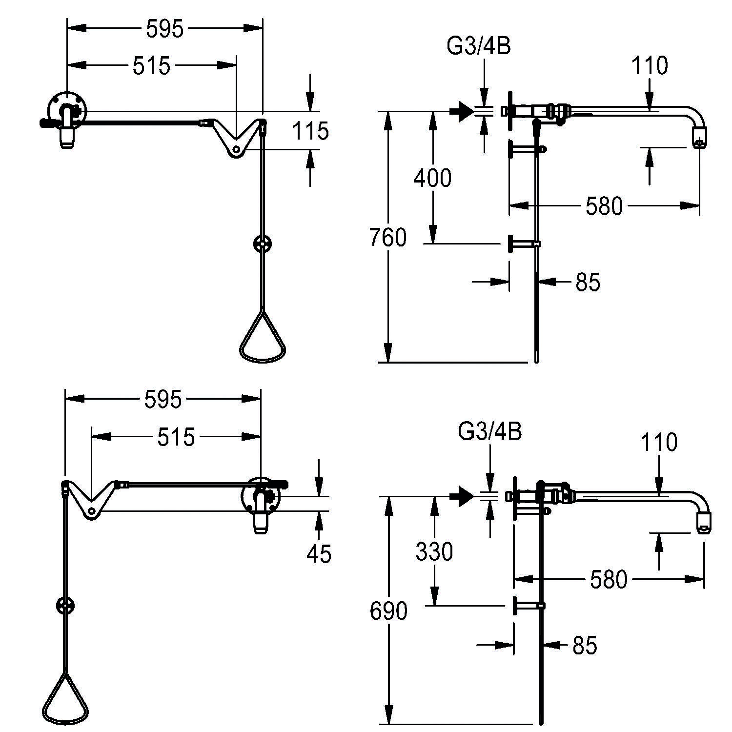 Diagramm von zwei wandmontiertenNotduschanlagen mit Abmessungen; eine mit erweichter Reichweite, beide mit Installationshöhen und Rohrdurchmessern.