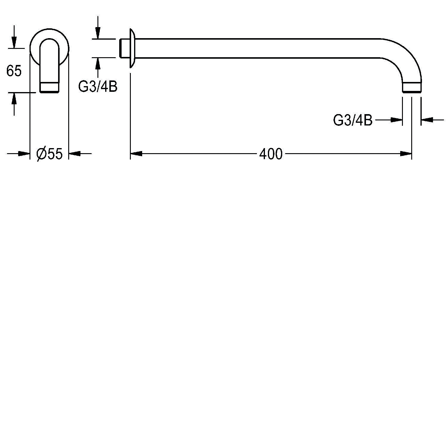 Diagramm eines Wasserhahnendes mit Maßangaben: 65 mm bis zur Spitze, 55 mm Durchmesser, 400 mm Auslauflänge. Anschlüsse mit ‚G3/4B' bezeichnet.