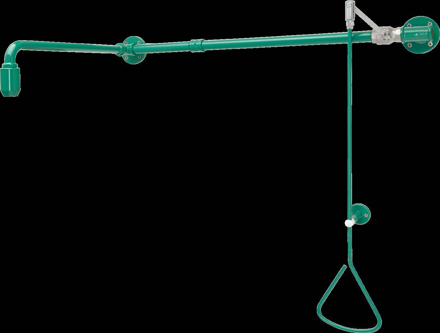 Grüne verstellbare Stehleuchte mit langem horizontalem Arm, an der Wand angebrachtem Schwenkgelenk und hängende dreieckige Schleifengriff auf schwarzem Hintergrund.