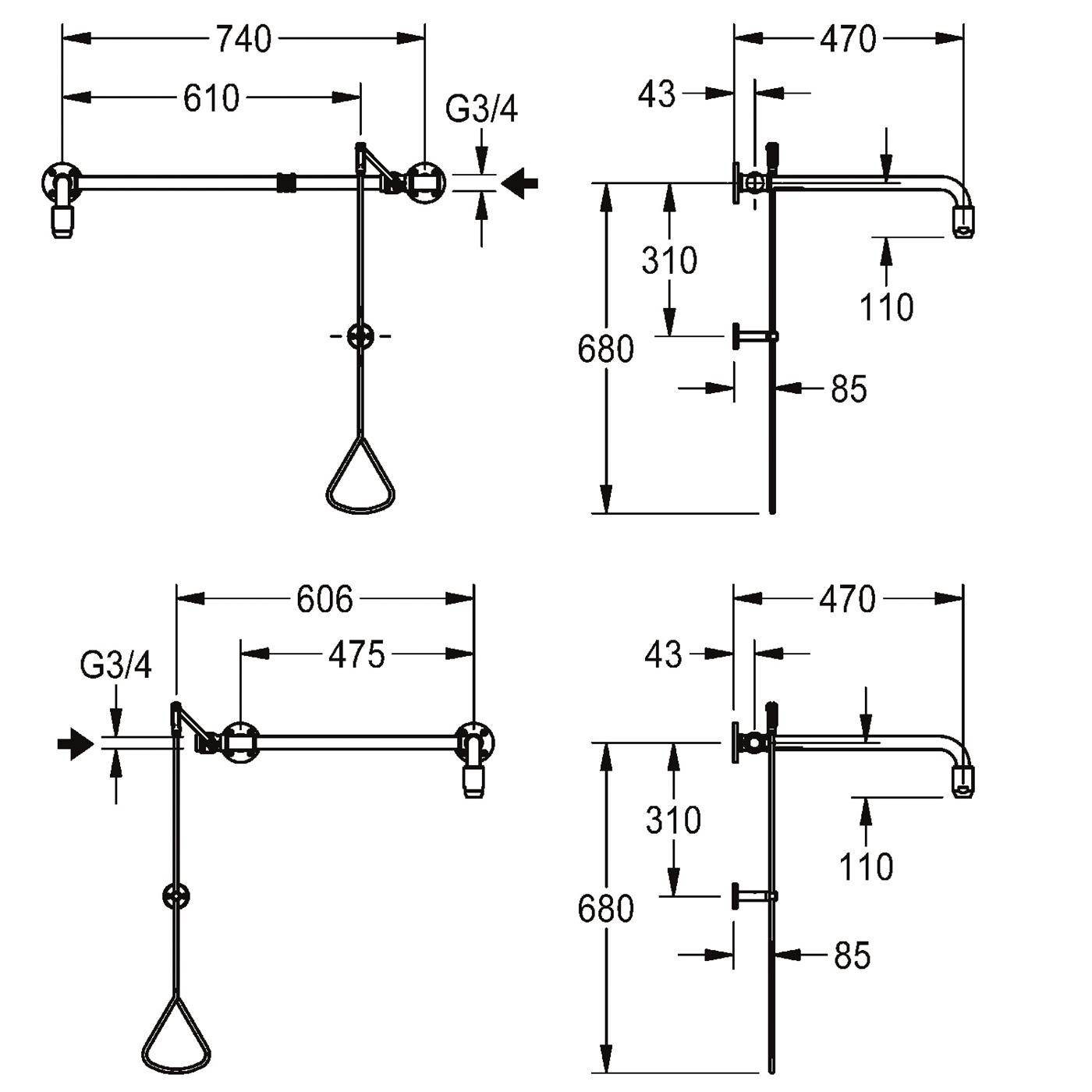 Technische Maßzeichnung eines wandmontierten Duscharms mit Handbrause, zeigend Vorder- und Seitenansichten mit Abmessungen in Millimetern und G3/4-Anschluss.
