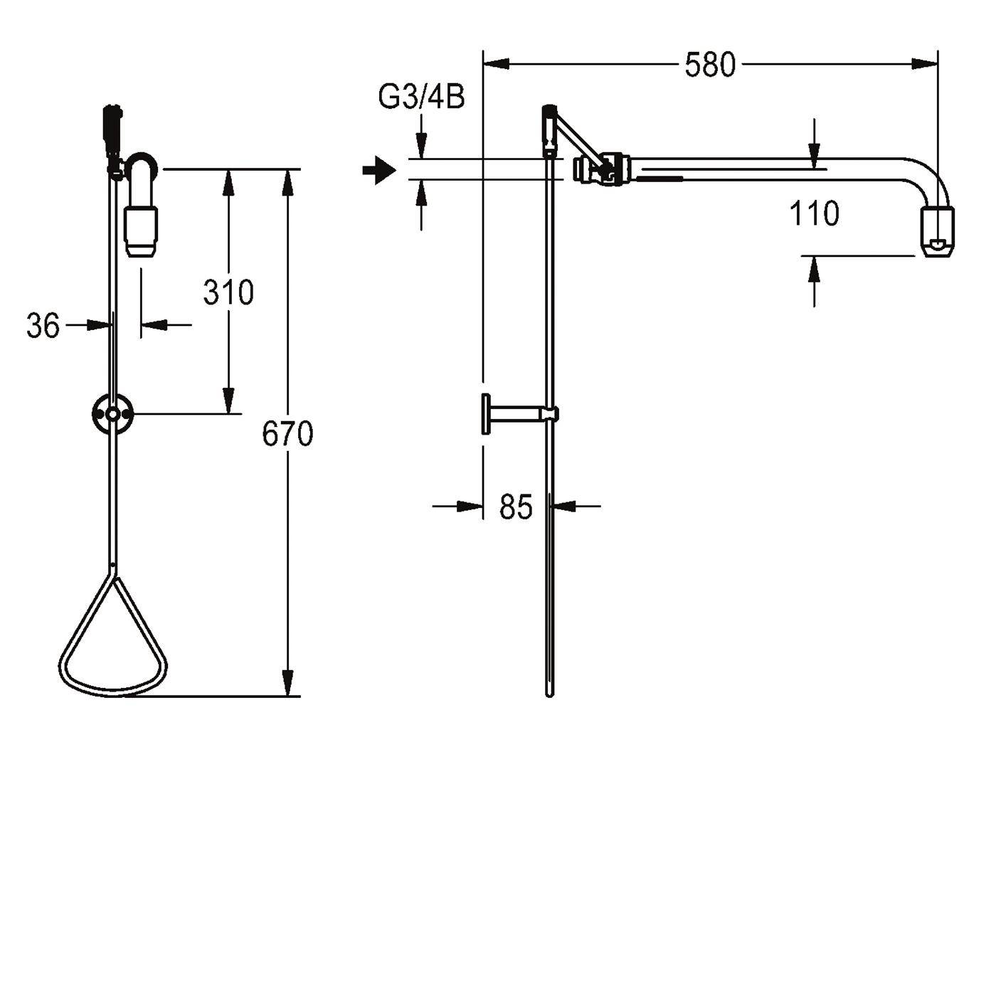 Technische Maßstabzeichnung einer wandmontierten Duschgarnitur mit Vorder- und Seitenansicht und Abmessungen: 670 mm Höhe, 580 mm Armlänge, 310 mm Abschnitt, 110 mm Tropfen und G3/4B-Anschluss.