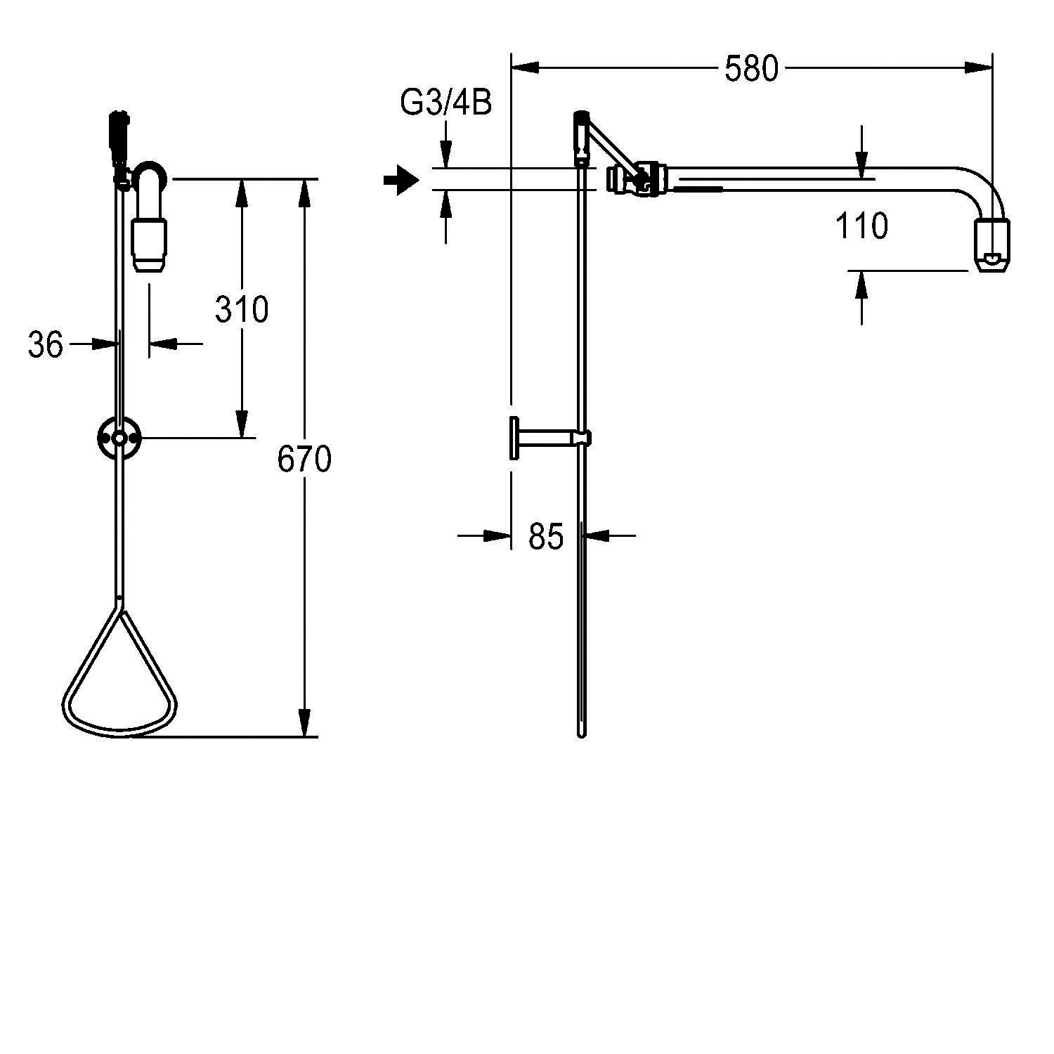 Diagramm einer Sicherheitsdusche mit Abmessungen: Höhe 670 mm, horizontaler Arm 580 mm, vertikaler Arm 310 mm und Duschkopfhöhe 36 mm über der Befestigung.
