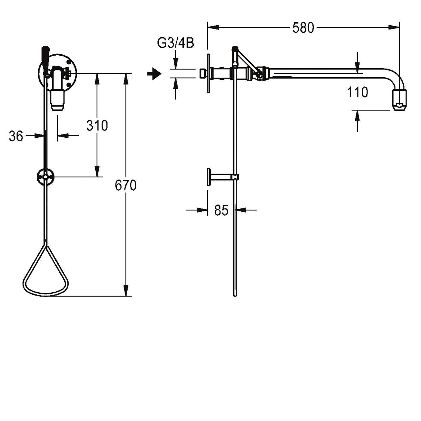 Technische Linienzeichnung eines wandmontierten Wasserhahns mit Zugkette, zeigend Vorder- und Seitenansicht mit Abmessungen: 580 mm Spannweite, 670 mm Höhe, G3/4B-Anschluss, 110 mm Auslaufabfall.