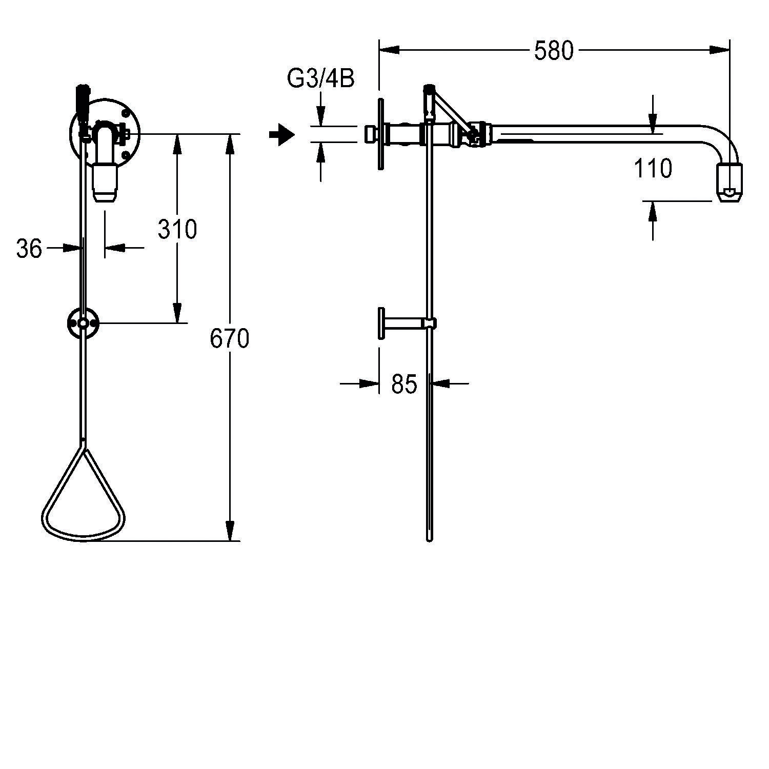 Diagramme einer Duscharmatur mit Abmessungen in Millimetern: 580 Breite, 670 Höhe, 310 Tiefe; beschriftet mit G3/4B, 85 und 110 markiert.