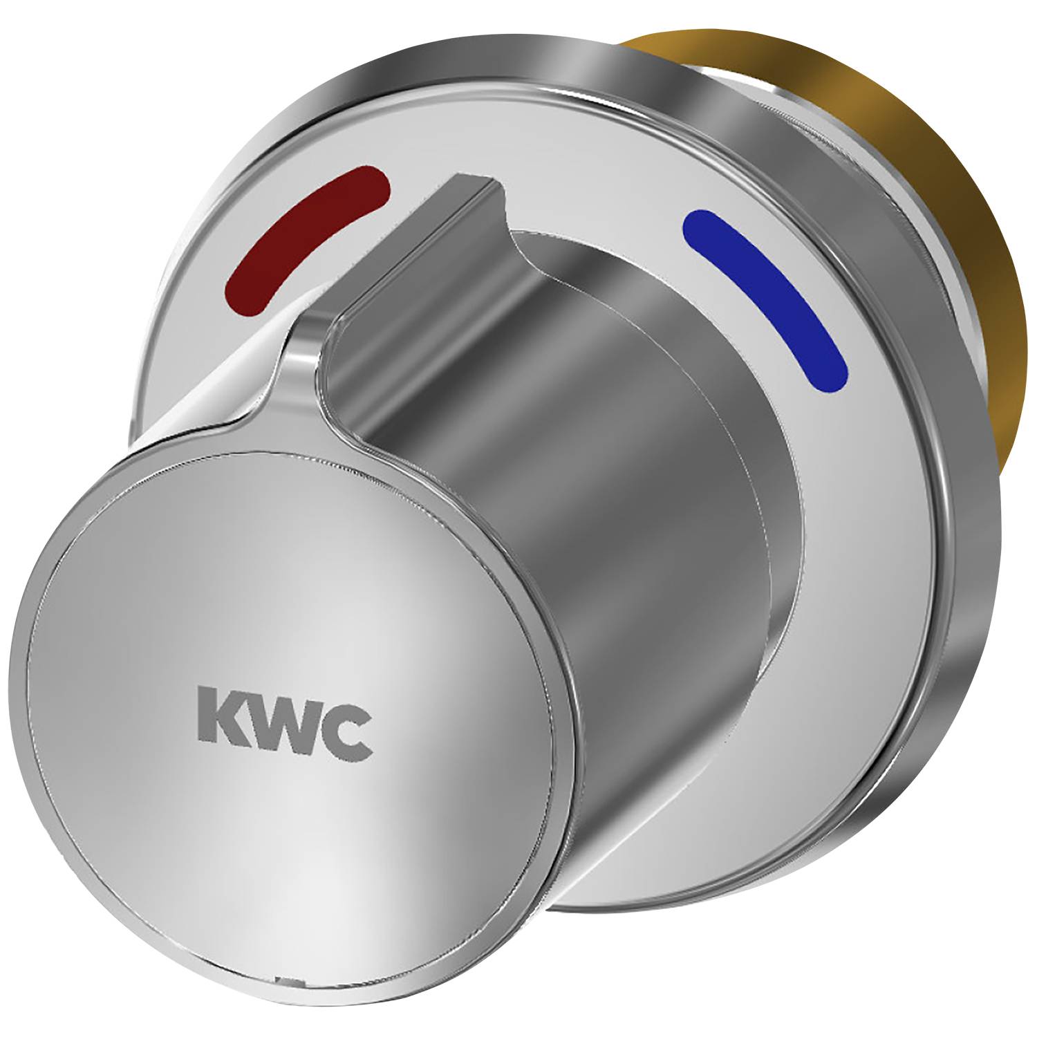Ein runder Metallhahn-Knopf mit dem Logo von 'KWC', versehen mit einer roten Markierung links und einer blauen Markierung rechts.