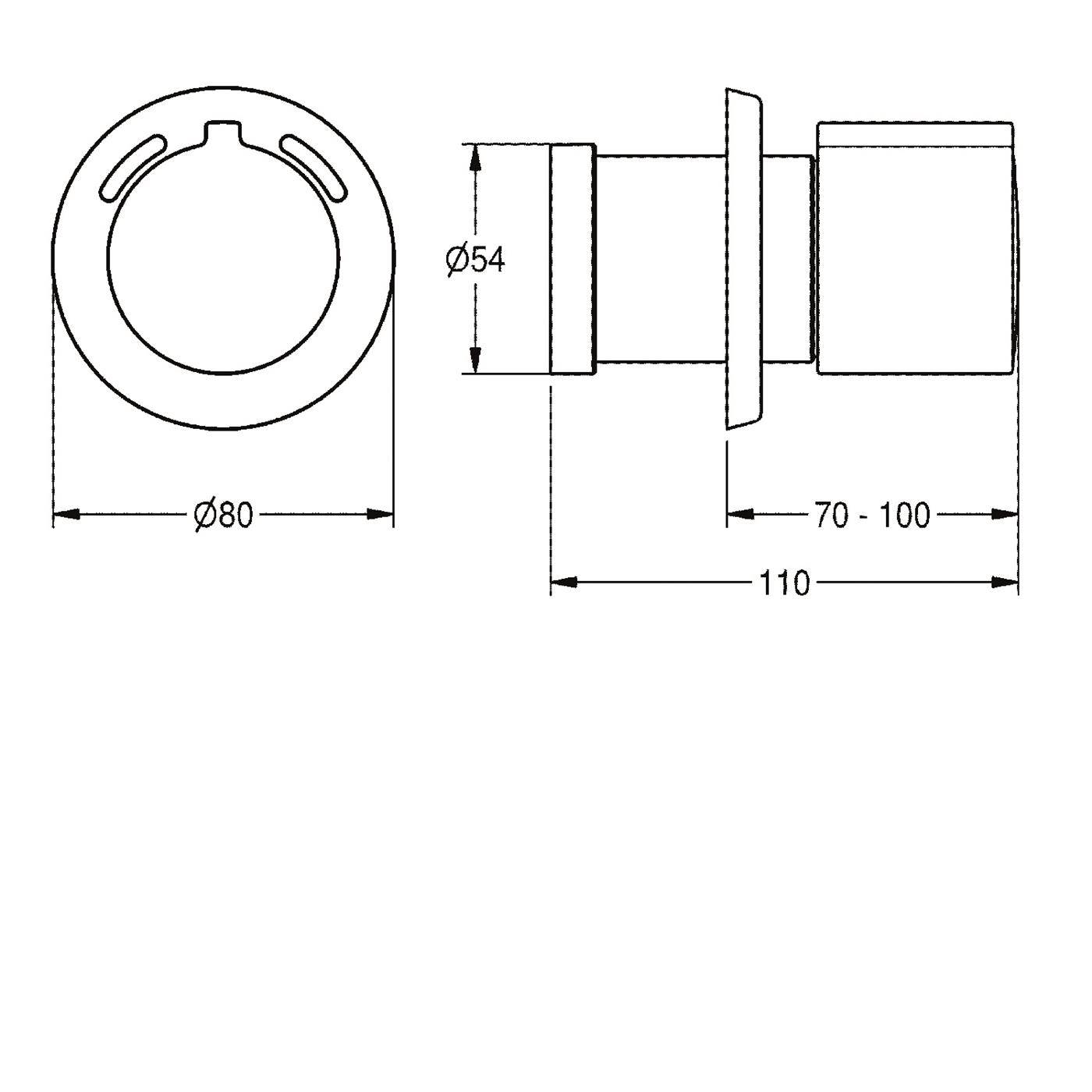 Technische Zeichnung einer kreisförmigen Metallfassung mit Vorder- und Seitenansicht mit den Abmessungen Ø80, Ø54, 110 und verstellbar 70-100.