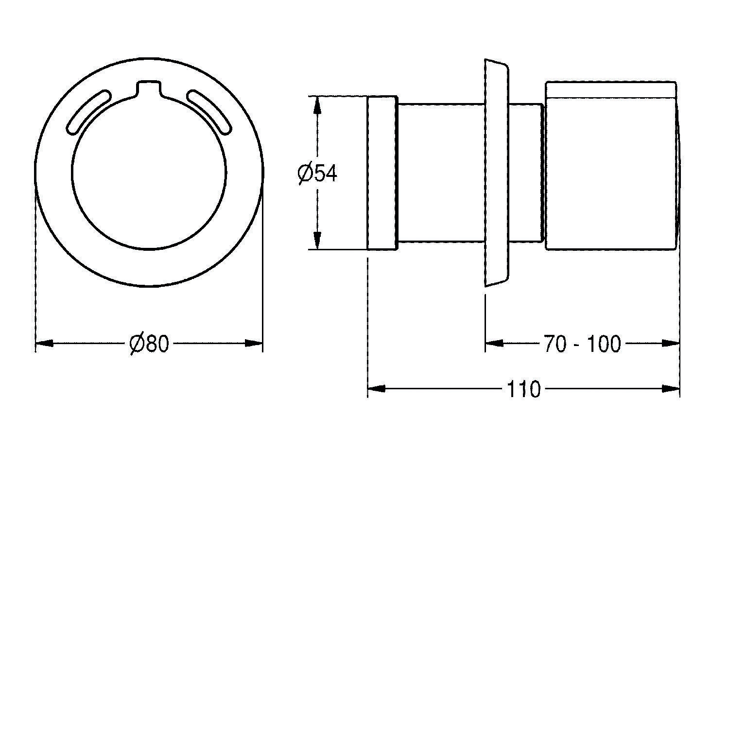 Technische Zeichnung einer zylindrischen Komponente mit Maßangaben: Durchmesser 80 mm, Länge 110 mm, kleinerer Durchmesser 54 mm, einstellbare Länge 70-100 mm.