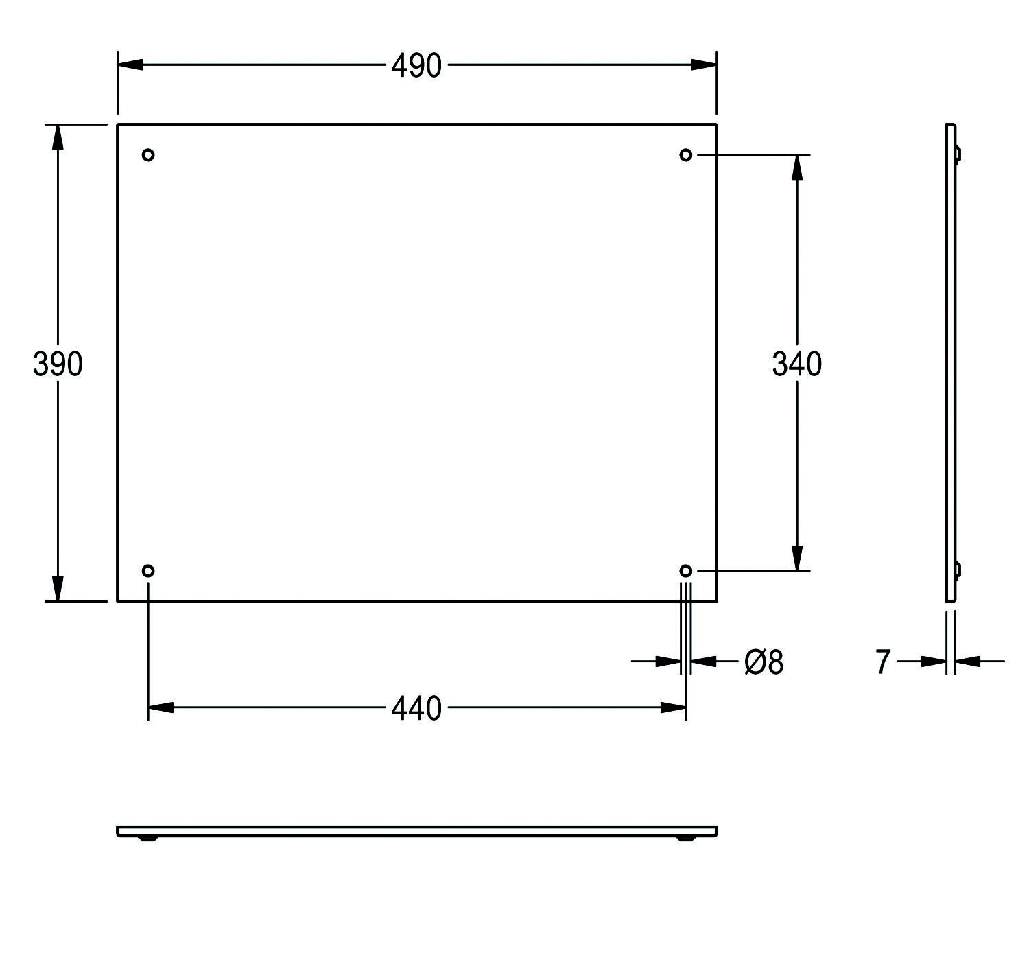 Skizze zeigt Abmessungen einer rechteckigen Platte mit kleinen Schraubenöffnungen in jeder Ecke. Länge 490 mm, Breite 390 mm, mit 440 mm und 340 mm zwischen den Schraubenlöchern. Randdicke 8 mm. Lochdurchmesser Ø8 mm.