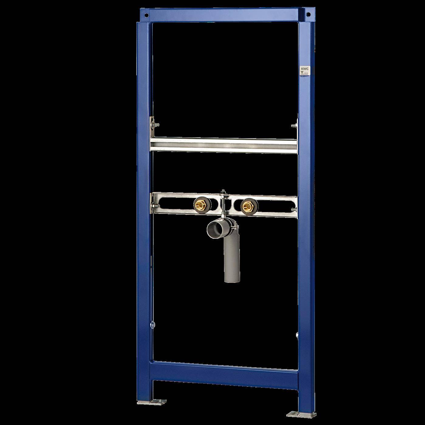 Blaues Metallwandgestell mit freiliegender versteckter Toilettentankinstallation und Spülmechanismus, gezeigt vor schwarzem Hintergrund.