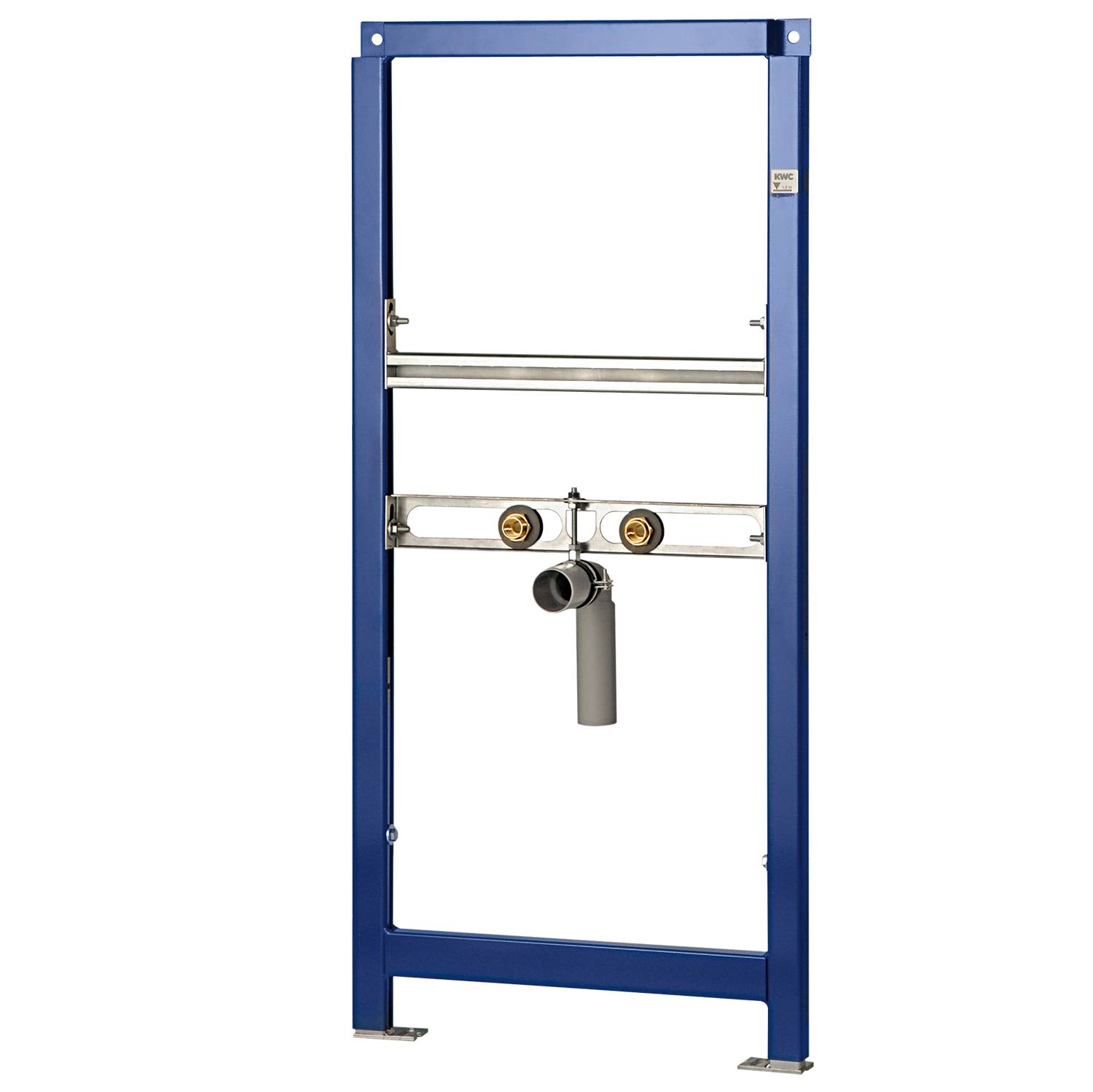 Ein blaues wandmontiertes Rahmensystem für eine verdeckte Toilette, ausgestattet mit verstellbaren Befestigungsbügeln und einem zentralen Abwasseranschlussanschluss.