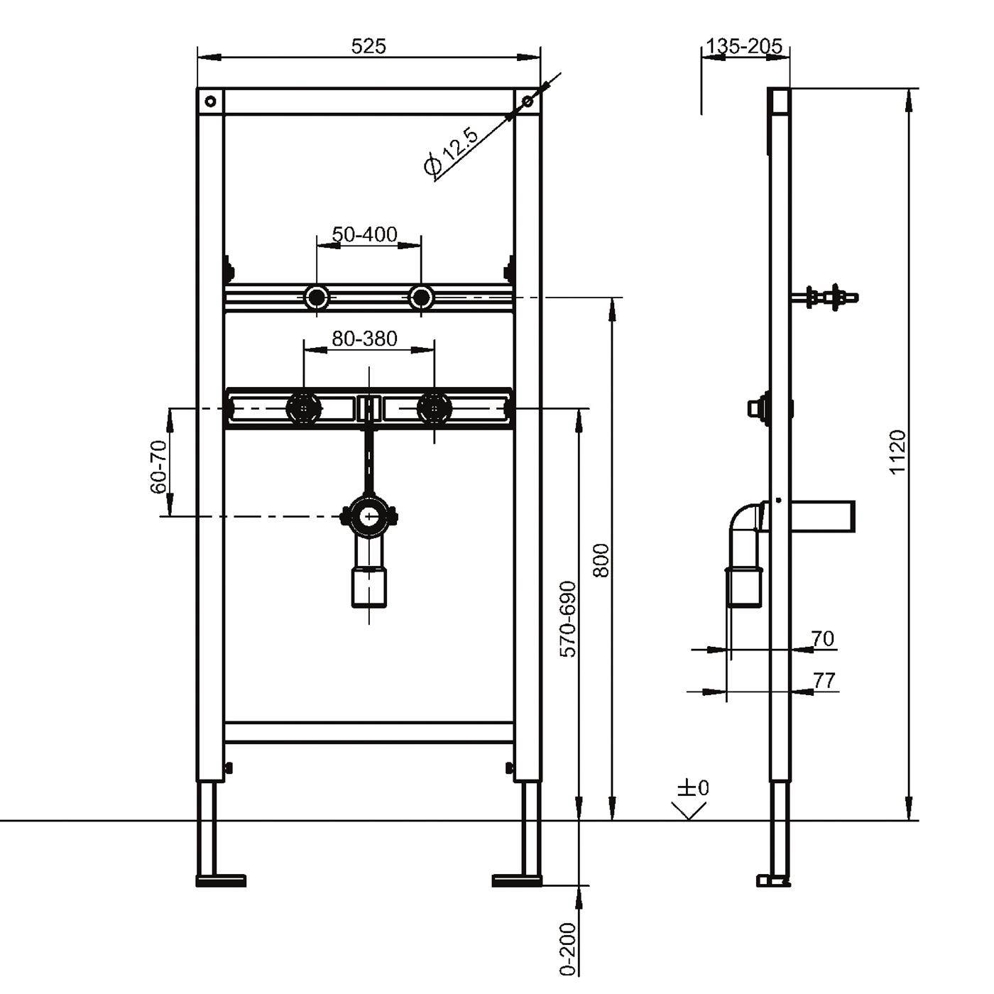 Technische Strichzeichnung einer gerahmten mechanischen Einheit in Vorder- und Seitenansicht, mit Dimensionsbeschriftungen in Millimetern und markiertem verstellbarem Komponentenabstand.